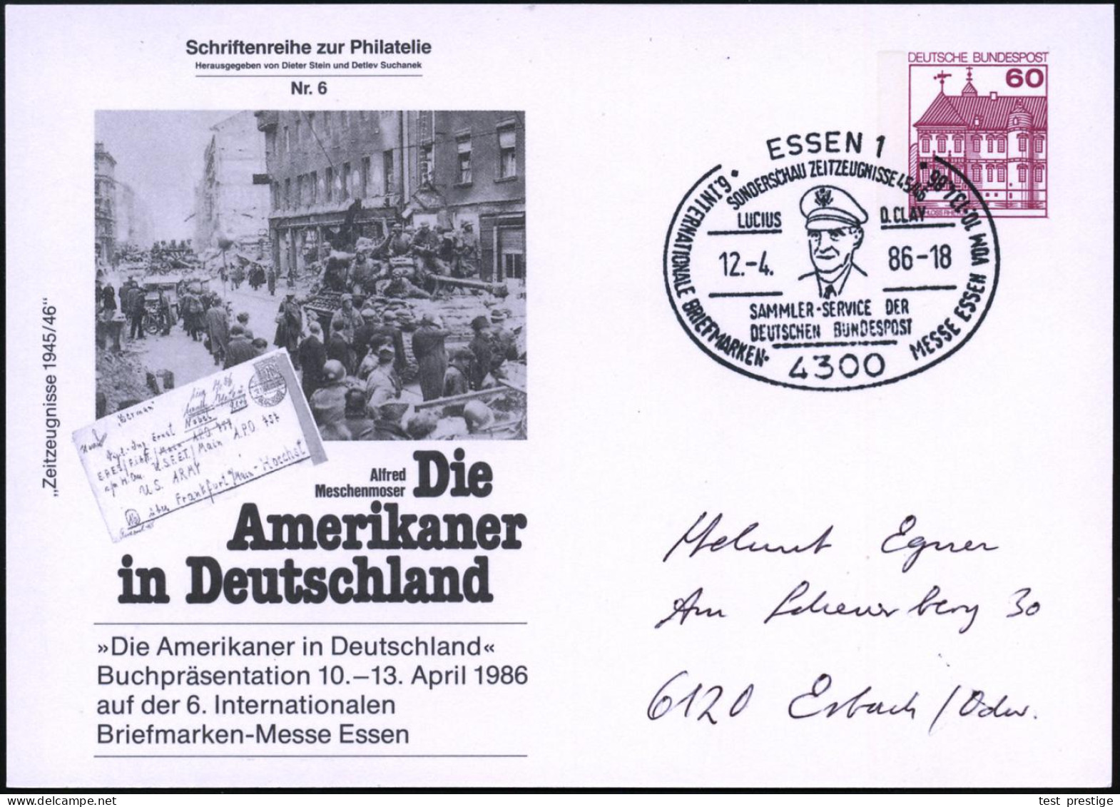 4300 ESSEN 1/ SONDERSCHAU ZEITZEUGNISSE 45-46.. 1986 (12.4.) SSt = Lucius D. Clay Je 1x Auf PP 60 Pf.: Lucius D. Clay Bz - WW2 (II Guerra Mundial)