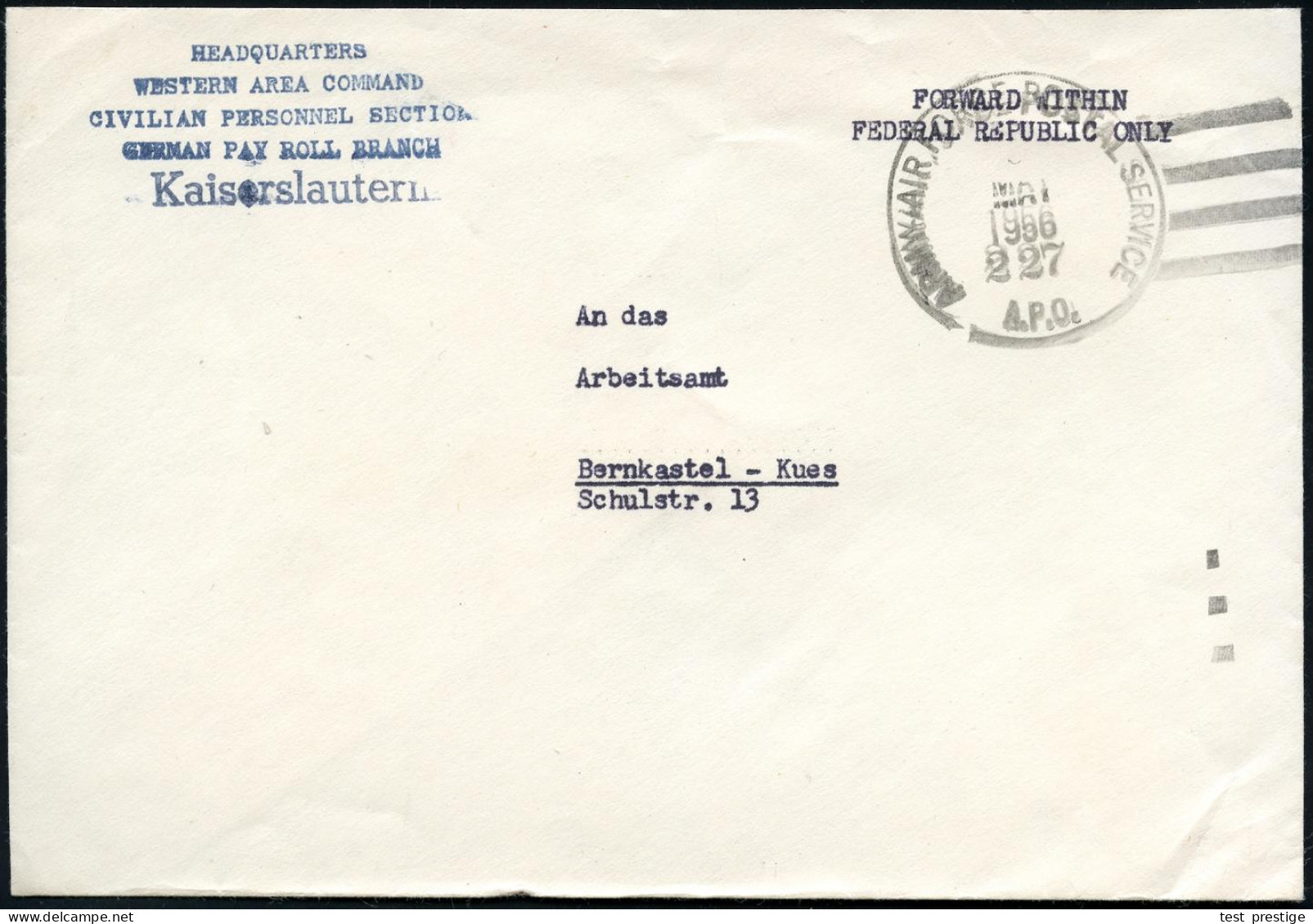 Kaiserslautern 1966 (Mai) 1K-Killer: ARMY AIRFORCE POSTAL SERVICE/227/A.P.O. + Blauer Abs.-5L: HEADQUARTERS/WESTERN AREA - WW2