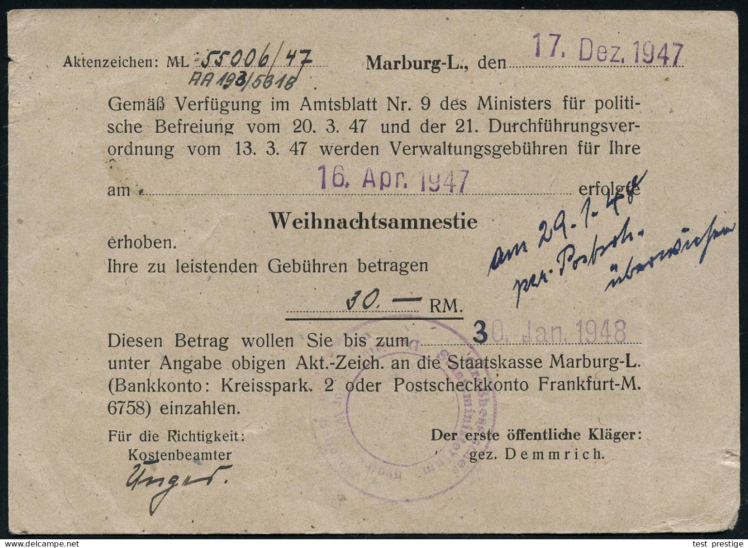 MARBURG/ A/ +(LAHN)2 1948 (8.1.) 1K-Brücke + Viol. 2K-HdN: Grosshessisches/ Staatsministerium/Der Minister Für Wiederauf - Guerre Mondiale (Seconde)