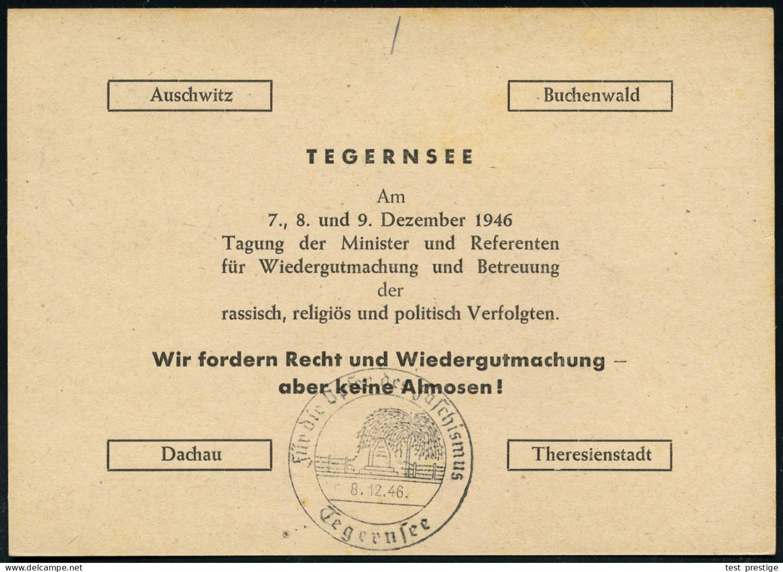 Tegernsee/ Für Die Opfer Des Faschismus 1946 (7.12.) Seltener SSt = Trauerweide, Gedenkstein, Stacheldraht Auf Amtl. P 1 - 2. Weltkrieg