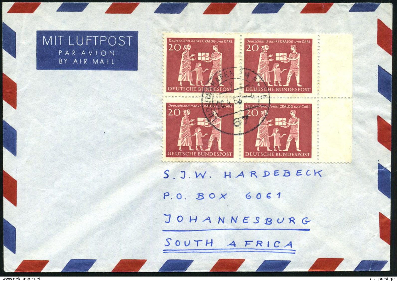 B.R.D. 1963 (26.4.) 20 Pf. "CRALOG Und CARE", Reine MeF: Rand-4er-Block , Klar Gest. (67 Ludwigshafen) Übersee-Flp.-Bf.  - Guerre Mondiale (Seconde)