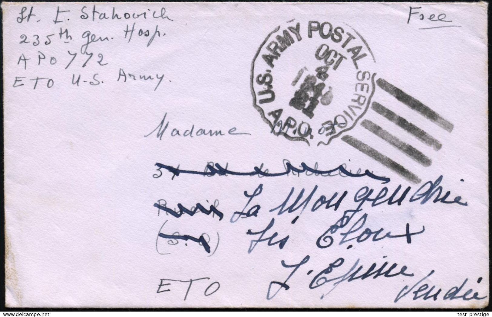 FRANKREICH /  U.S.A. 1945 (4.10.) 1K-Killer: U.S. ARMY POSTAL SERVICE/21/A.P.O. = US.-Feldpostamt Frankreich + Hs. Weibl - WW2