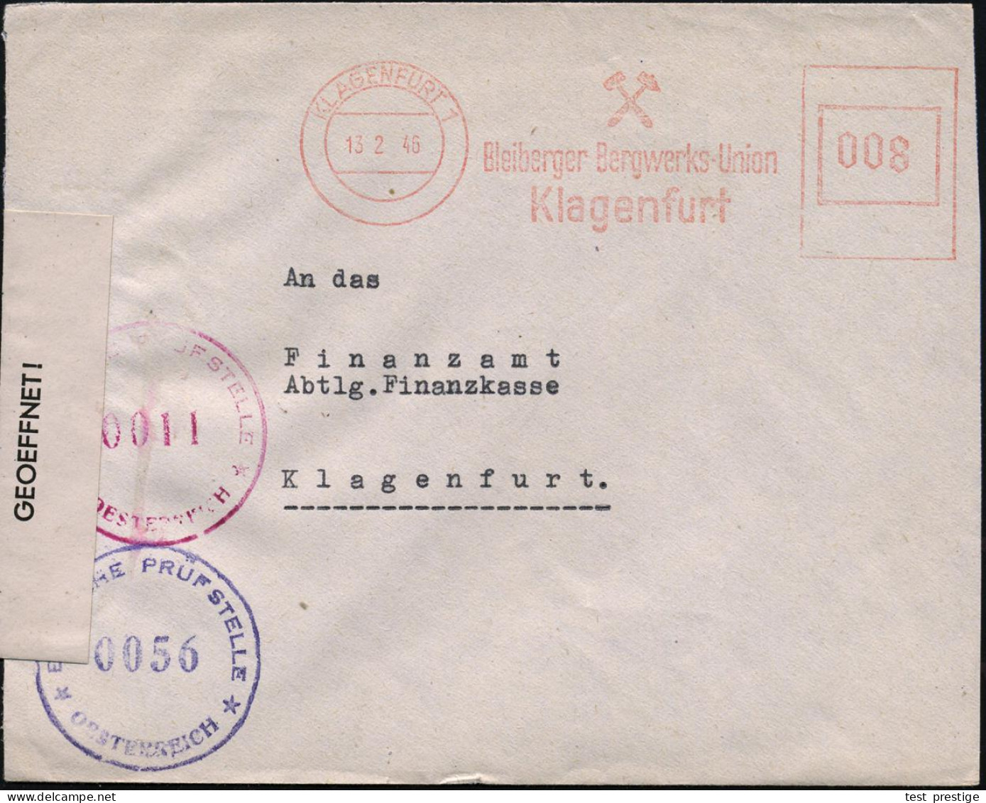 ÖSTERREICH 1946 (13.2.) Aptierter AFS Francotyp "Reichsadler" = Entfernt + Inschrift "Deutsches Reich": KLAGENFURT 1/Ble - WW2 (II Guerra Mundial)