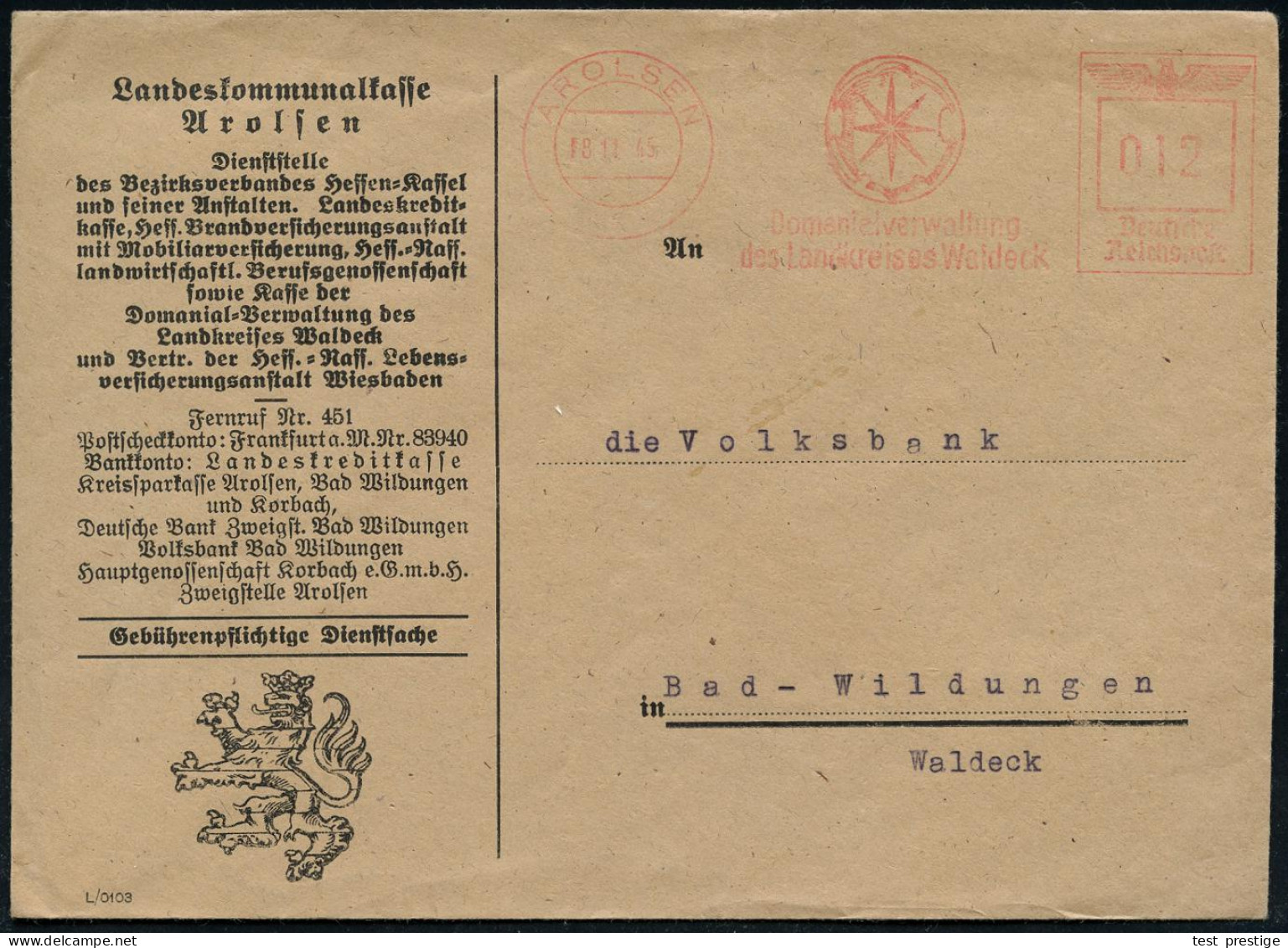 AROLSEN/ Domanialverwaltung/ Des Landkreises Waldeck 1945 (18.11.) AFS Francotyp "Reichsadler"  U N V E R ä N D E R T  W - Sonstige & Ohne Zuordnung