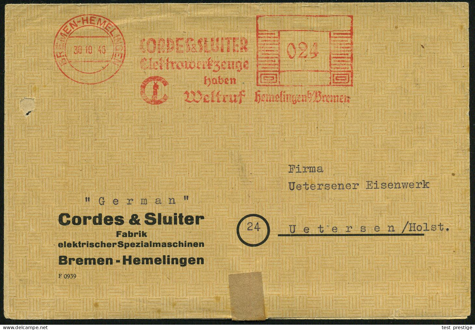 BREMEN-HEMELINGEN/ CORDES & SLUITER/ Elektrowerkzeuge.. 1946 (30.10.) Seltener, Aptierter AFS "Mäander-rechteck" = "DEUT - Otros & Sin Clasificación