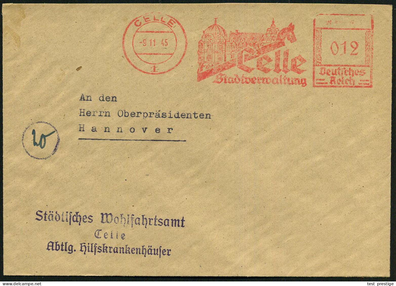 CELLE/ 1/ Stadtverwaltung 1945 (9.11.) Aptierter AFS Francotyp Francotyp "Hakenkreuz" = Nur Hakenkreuz Entfernt = Notmaß - Other & Unclassified