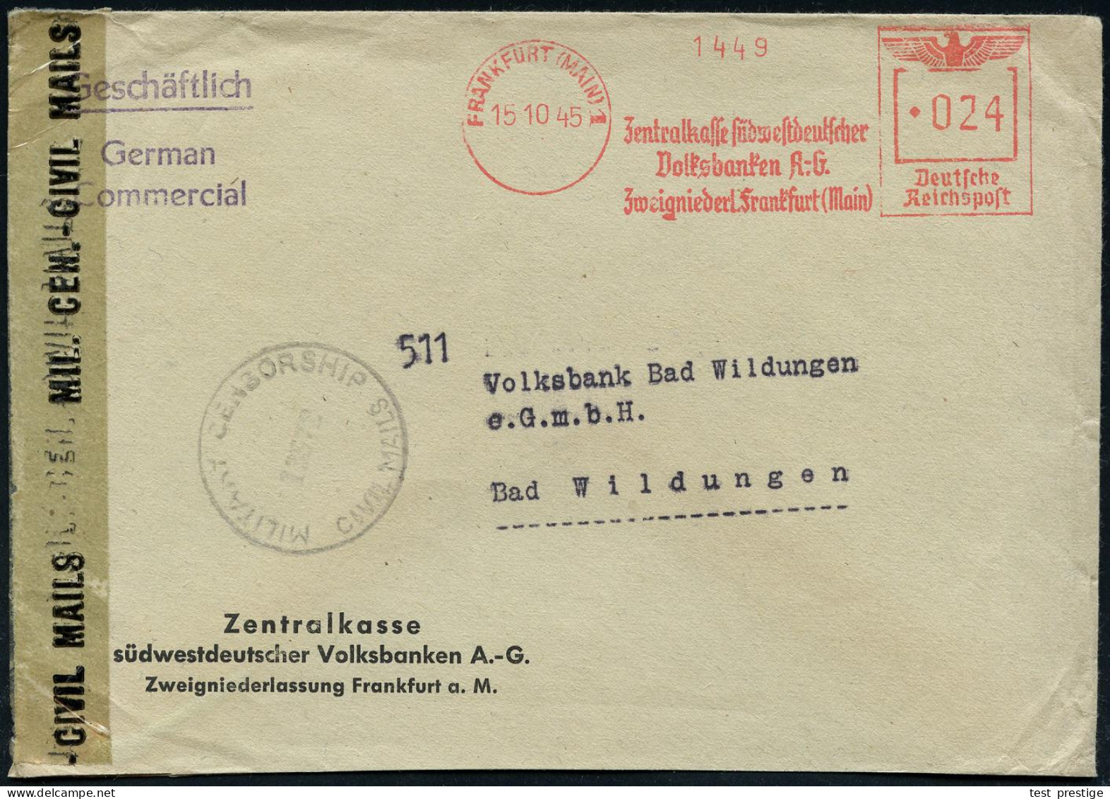 FRANKFURT (MAIN) 1/ Zentralkasse Südwestdeutscher/ Volksbanken A.-G.. 1945 (15.10.) AFS Francotyp "Reichsadler" 024 Pf.  - Autres & Non Classés