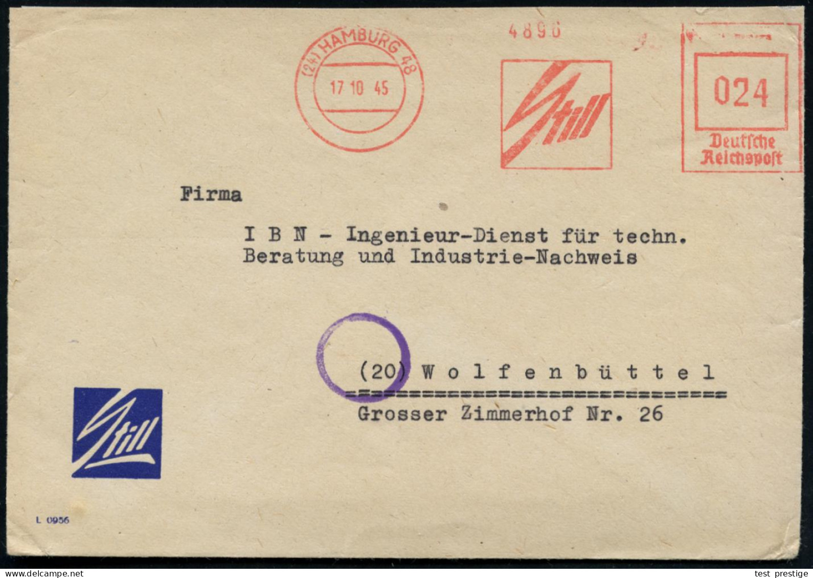 (24) HAMBURG 48/ Still 1945 (17.10.) Aptierter AFS Francotyp "Reichsadler" = Entfernt = Notmaßnahme! (Firmen-Schriftzug) - Otros & Sin Clasificación