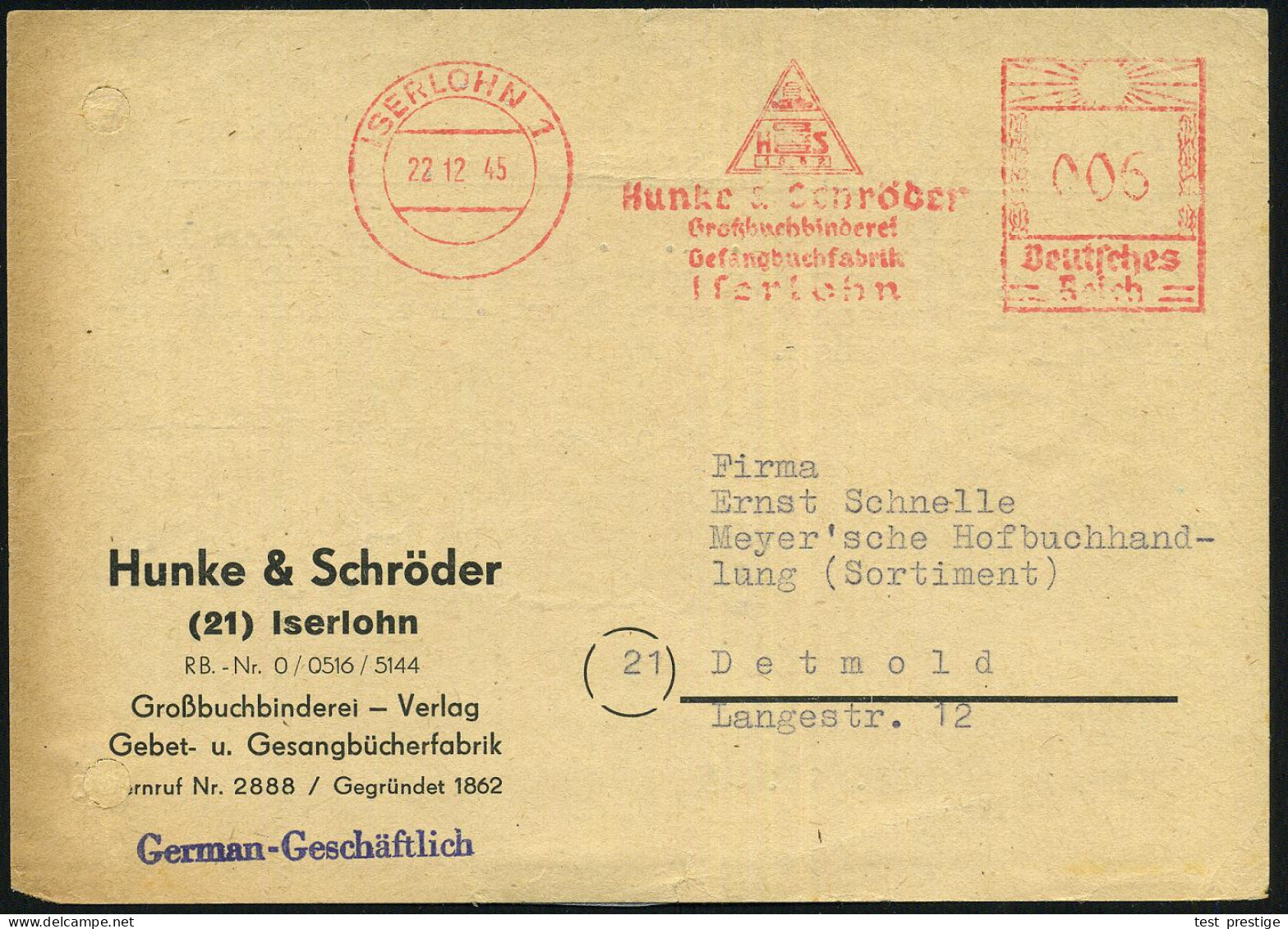 ISERLOHN 1/ Hunke & Schröder/ Großbuchbinderei/ Gesangbuchfabrik 1945 (22.12.) Seltener, Aptierter AFS "Hakenkreuz" = En - Other & Unclassified