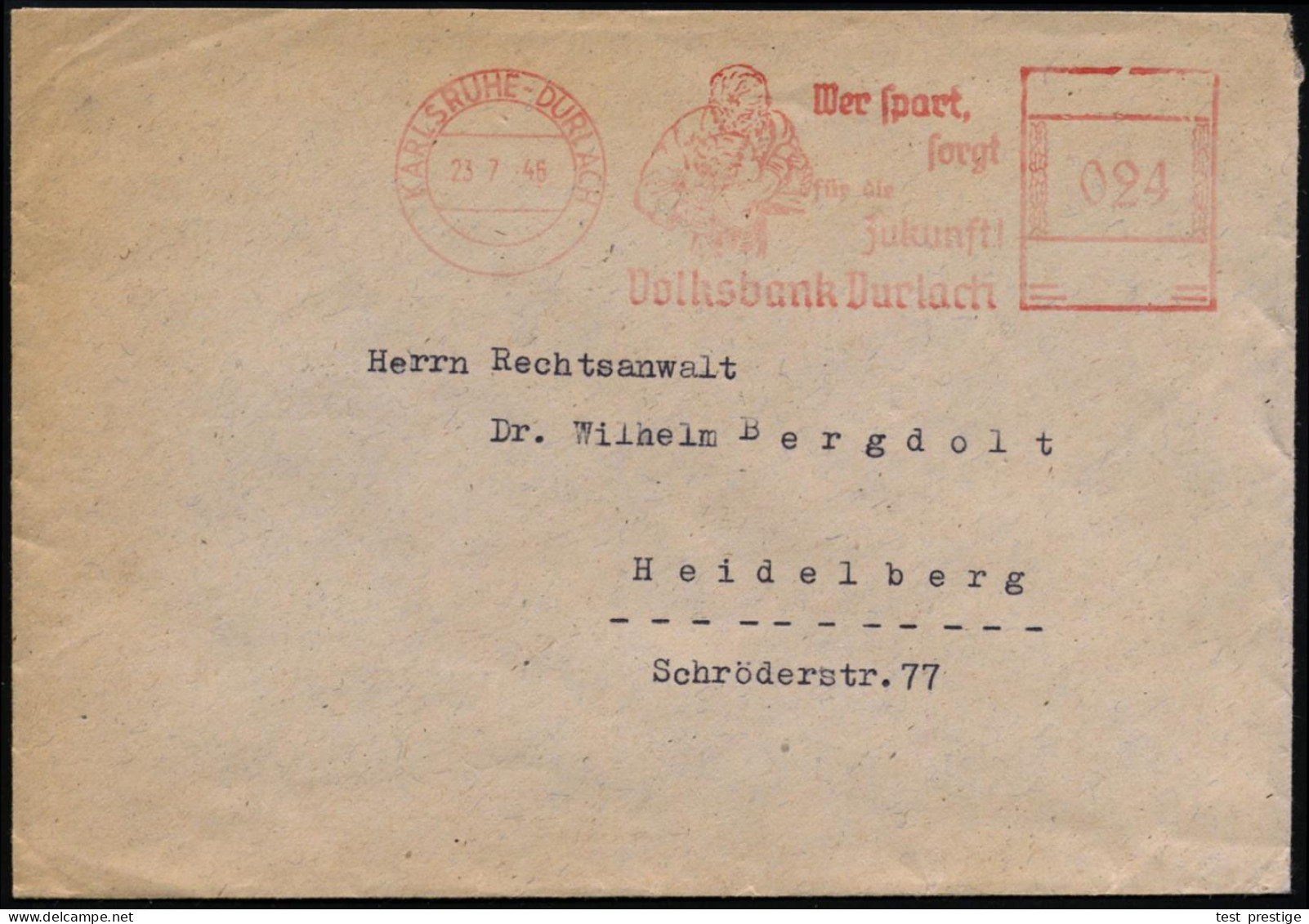 KARLSRUHE-DURLACH/ Wer Spart/ Sorgt/ Für D.Zukunft!/ Volksbank Durlach 1946 (23.7.) Seltener, Aptierter AFS, "Hakenkreuz - Other & Unclassified