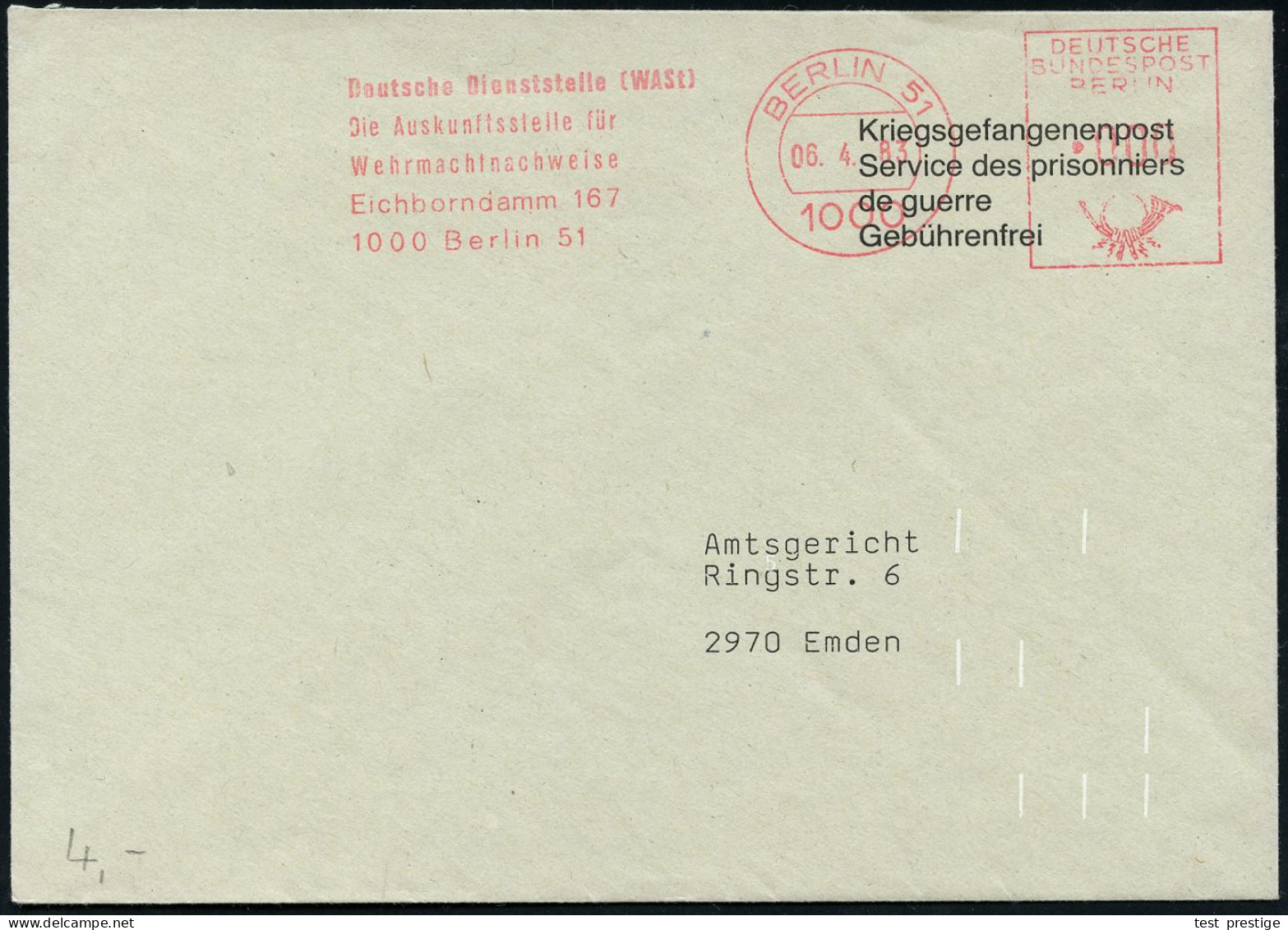 1000 BERLIN 51/ Deutsche Dienststelle (WASt)/ Die Aukunftsstelle Für/ Wehrmachtsnachweise.. 1983 (8.4.) AFS Francotyp In - Otros & Sin Clasificación