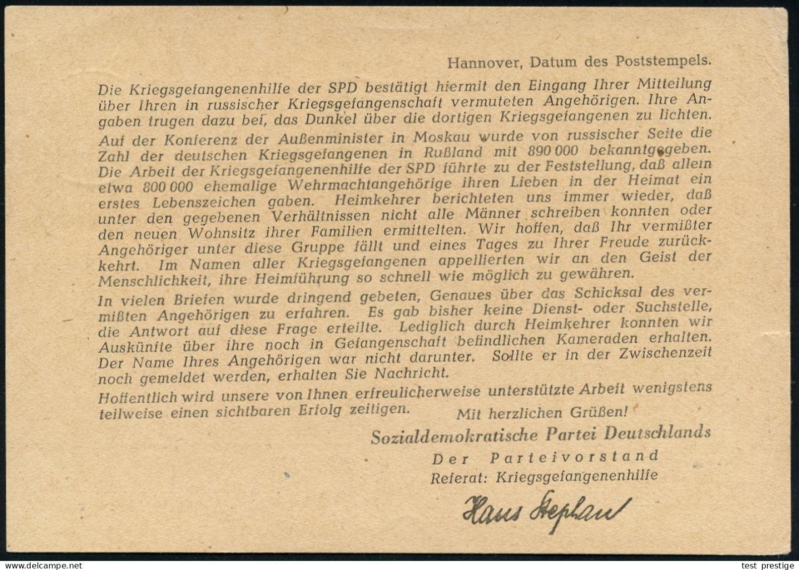 (20a) HANNOVER 2/ G 1947 (13.12.) MaWellenSt + Roter 1L: Kriegsgefangenenpost Auf Vordruck-Kt.: SPD.. Der Partei-vorstan - Autres & Non Classés