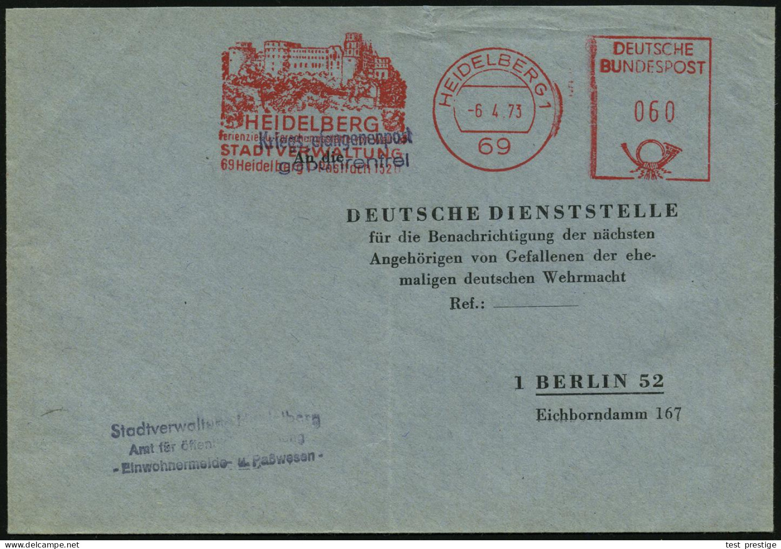 69 HEIDELBERG 1/ Ferienziel U.Forschungsstätte V.Weltruf/ STADTVERWALTUNG 1973 (6.4.) AFS Postalia 50 Pf.,  I R R T ü M  - Autres & Non Classés