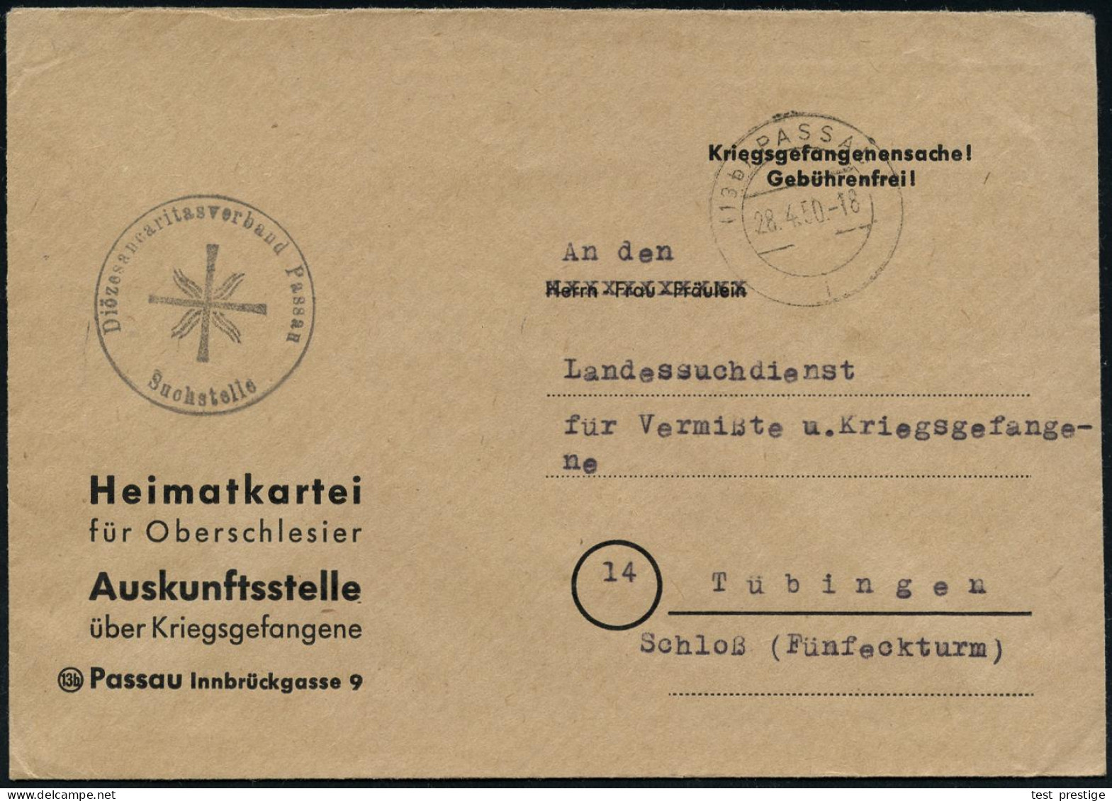 (13b) PASSAU/ L 1950 (28.4.) 2K-Steg + Viol. 1K-HdN: Diäzösancaritasverband Passau / S U C H S T E L L E (Kreuz) Portofr - Other & Unclassified