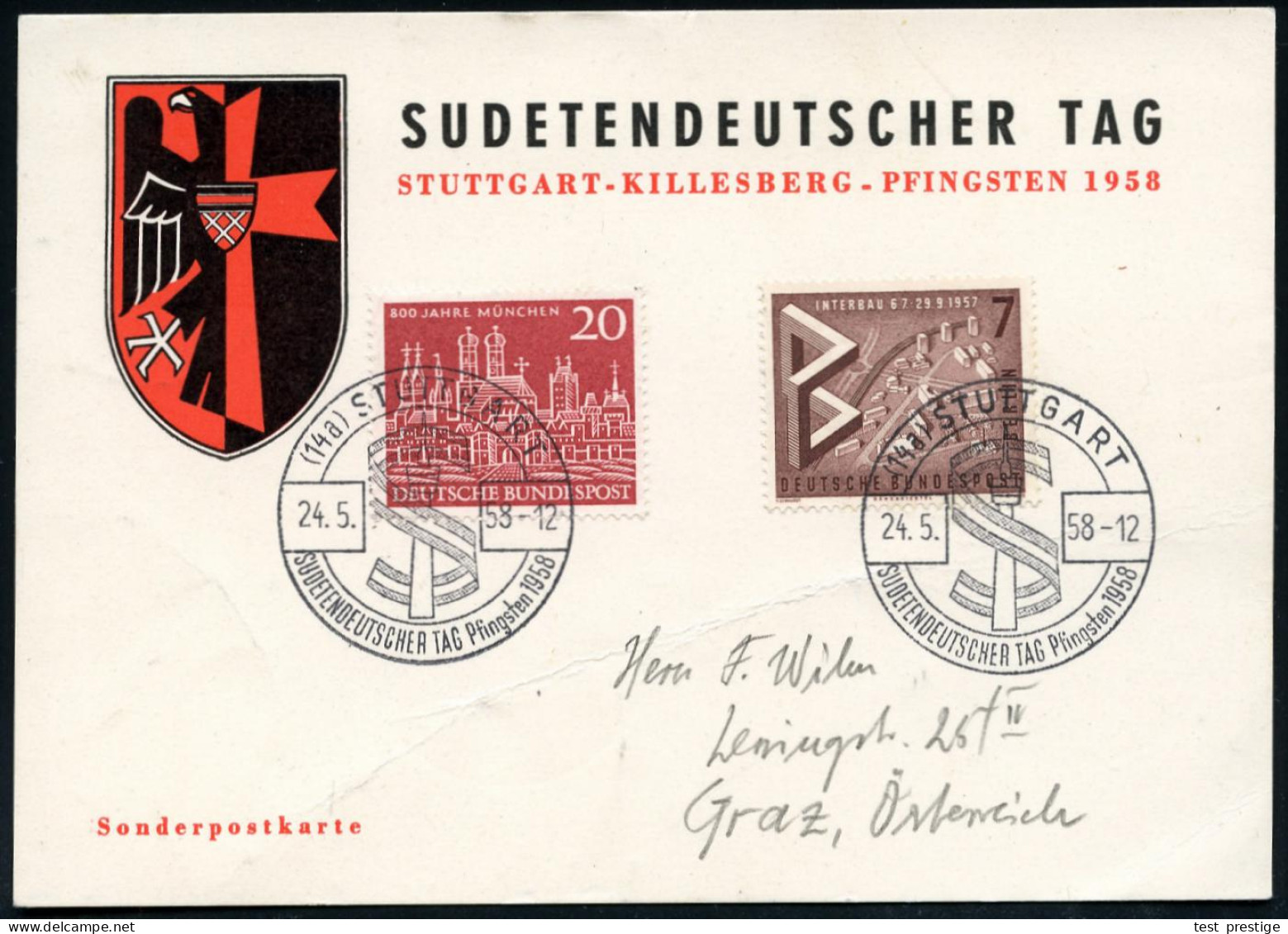 (14a) STUTTGART/ SUDETENDEUTSCHER TAG.. 1958 (24.5.) SSt = Flagge Um TV-Turm . Auf Zweifarbiger Sonder-Kt. (Michaelis Nr - Refugees