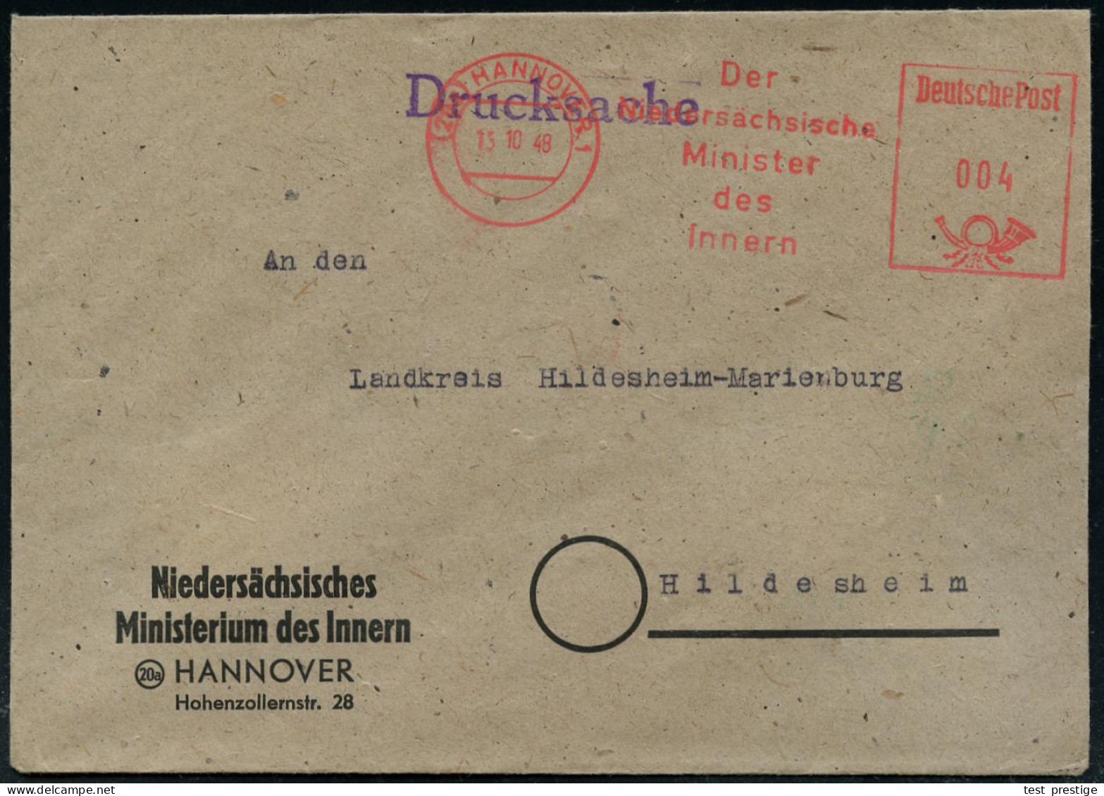 (20a) HANNOVER 1/ Der/ Niedersächs./ Minister/ Des/ Innern 1948 (15.10.) AFS Postalia Auf Dienst-Bf.: Niedersächs. Minis - Autres & Non Classés