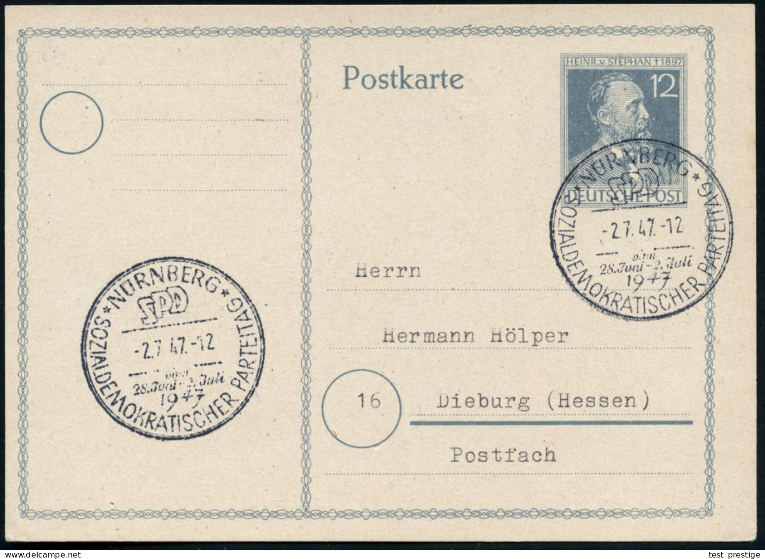 NÜRNBERG/ SPD/ 28.Juni -2.Juli/ SOZIALDEMOKRAT.PARTEITAG 1947 (2.7.) SSt 2x Klar Auf Inl.-Karte (Bo.86) - WESTZONEN / BI - Other & Unclassified