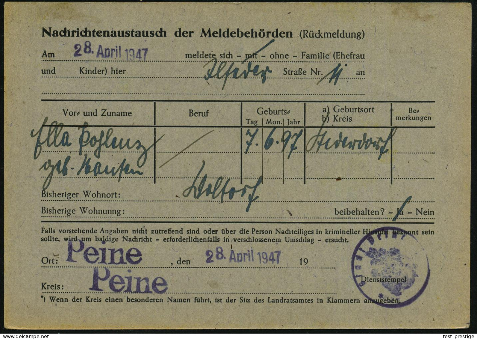 PEINE/ Der Bürgermeister.. 1947 (29.4.) Seltener AFS Francotyp "Hochrechteck" Auf Dienst-Fern-Kt.: Polizeil. Nachrichten - Otros & Sin Clasificación
