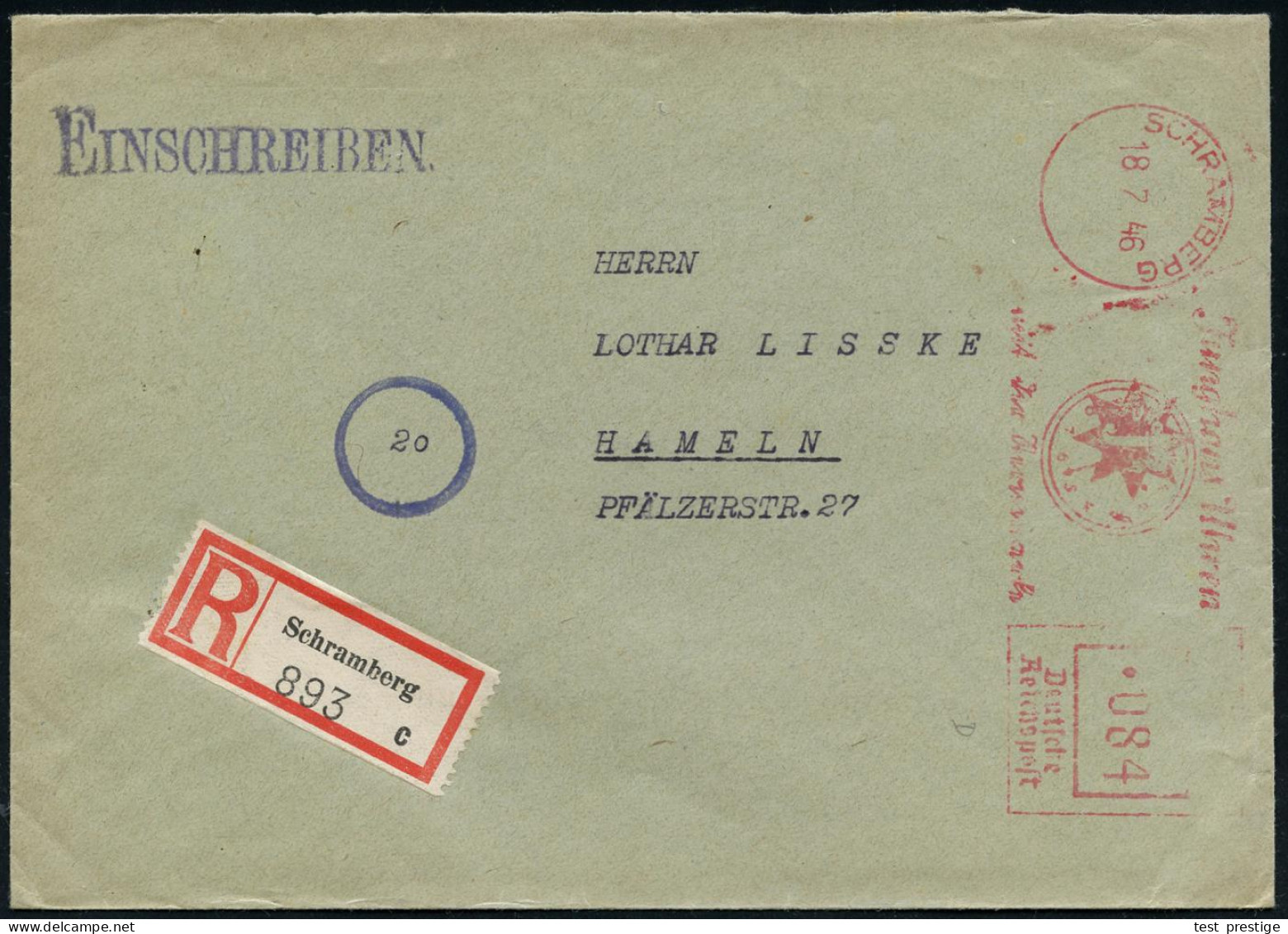 SCHRAMBERG/ Junghans Uhren.. 1946 (18.7.) Aptierter AFS Francotyp "Reichsadler" = Entfernt = Notmaßnahme 084 Pf. (Firmen - Other & Unclassified