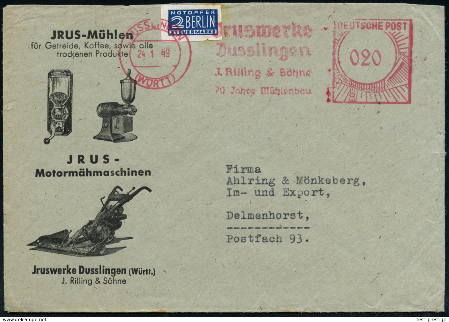 DUSSLINGEN/ (WÜRTT)/ Jruswerke/ J.Rilling & Söhne/ 70 Jahre Mühlenbau 1948 (24.1.) AFS Typ FZ "Gr. Posthorn" Auf 2 Pf. N - Sonstige & Ohne Zuordnung