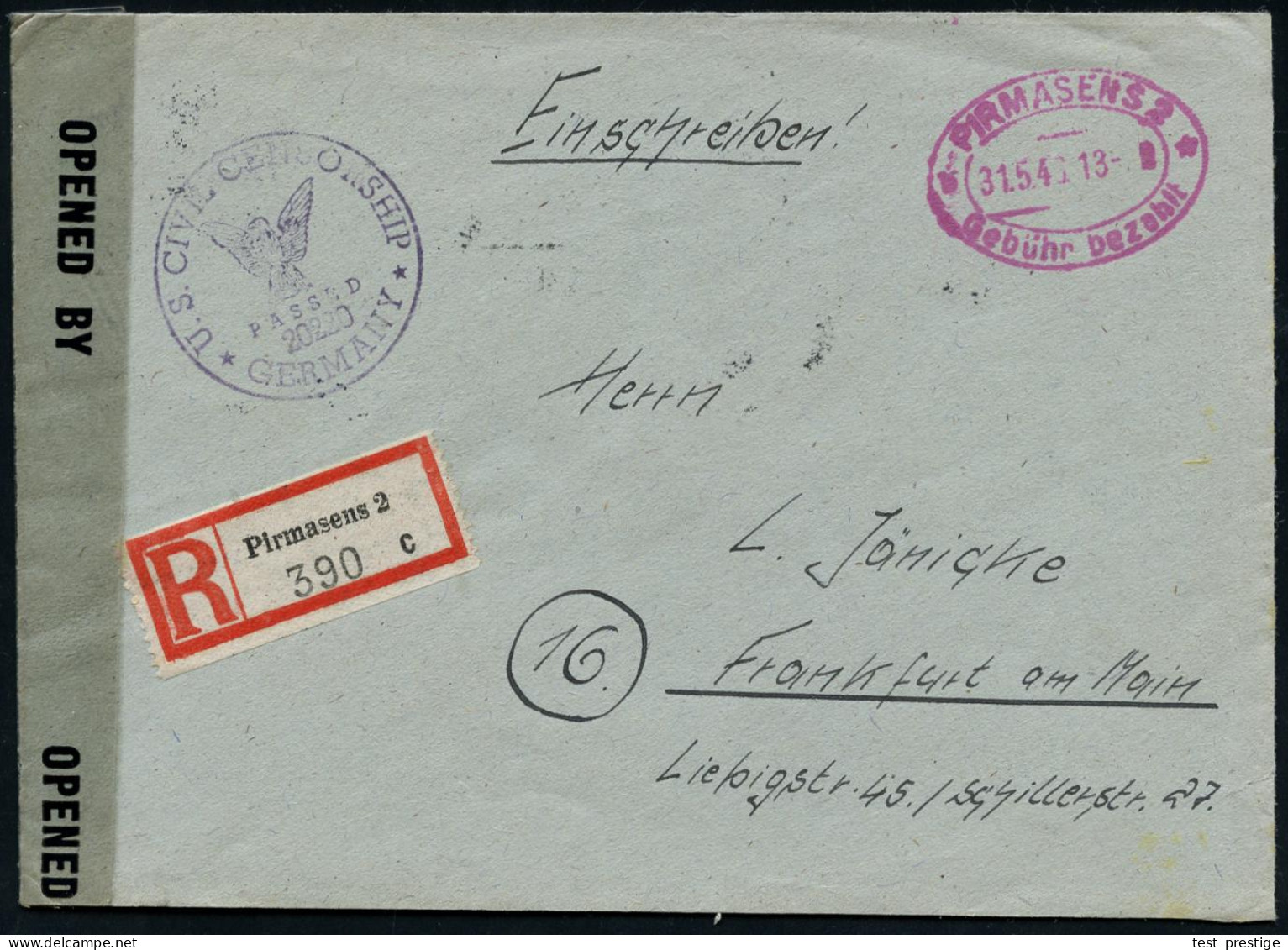 PIRMASENS/ *Gebühr Bezahlt* 1946 (31.5.) Lila Doppel-Oval-PFS + Reichspost-RZ: Pirmasens 2/c + US-Zensur-1K: U.S. CIVIL  - Sonstige & Ohne Zuordnung