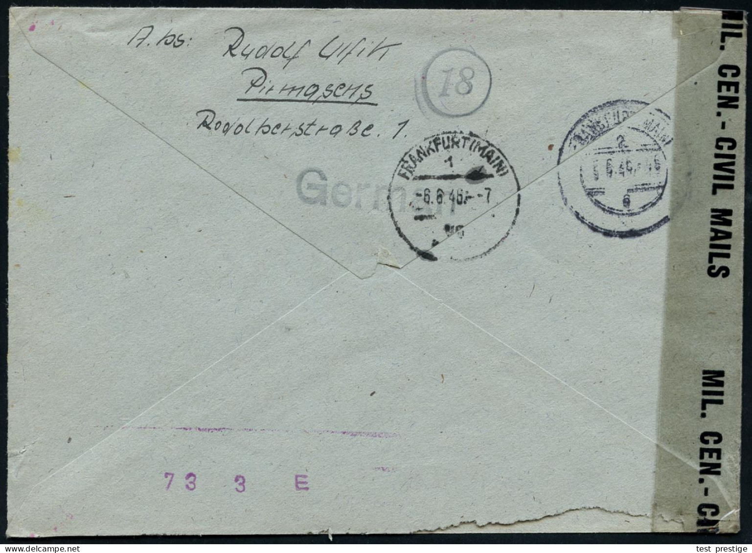 PIRMASENS/ *Gebühr Bezahlt* 1946 (31.5.) Lila Doppel-Oval-PFS + Reichspost-RZ: Pirmasens 2/c + US-Zensur-1K: U.S. CIVIL  - Sonstige & Ohne Zuordnung