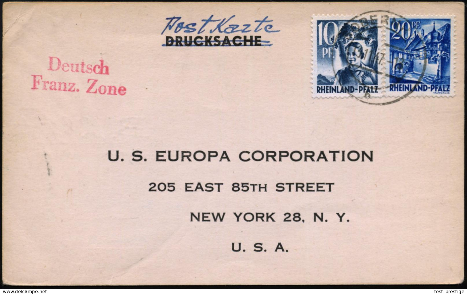 SOBERNHEIM/ B 1947 (13.11.) 2K-Steg Auf Freimarken 10 Pf. U. 20 Pf. Rheinl.-Pfalz, Vordruck-Kt.: U.S. EUROPA CORPORATION - Autres & Non Classés