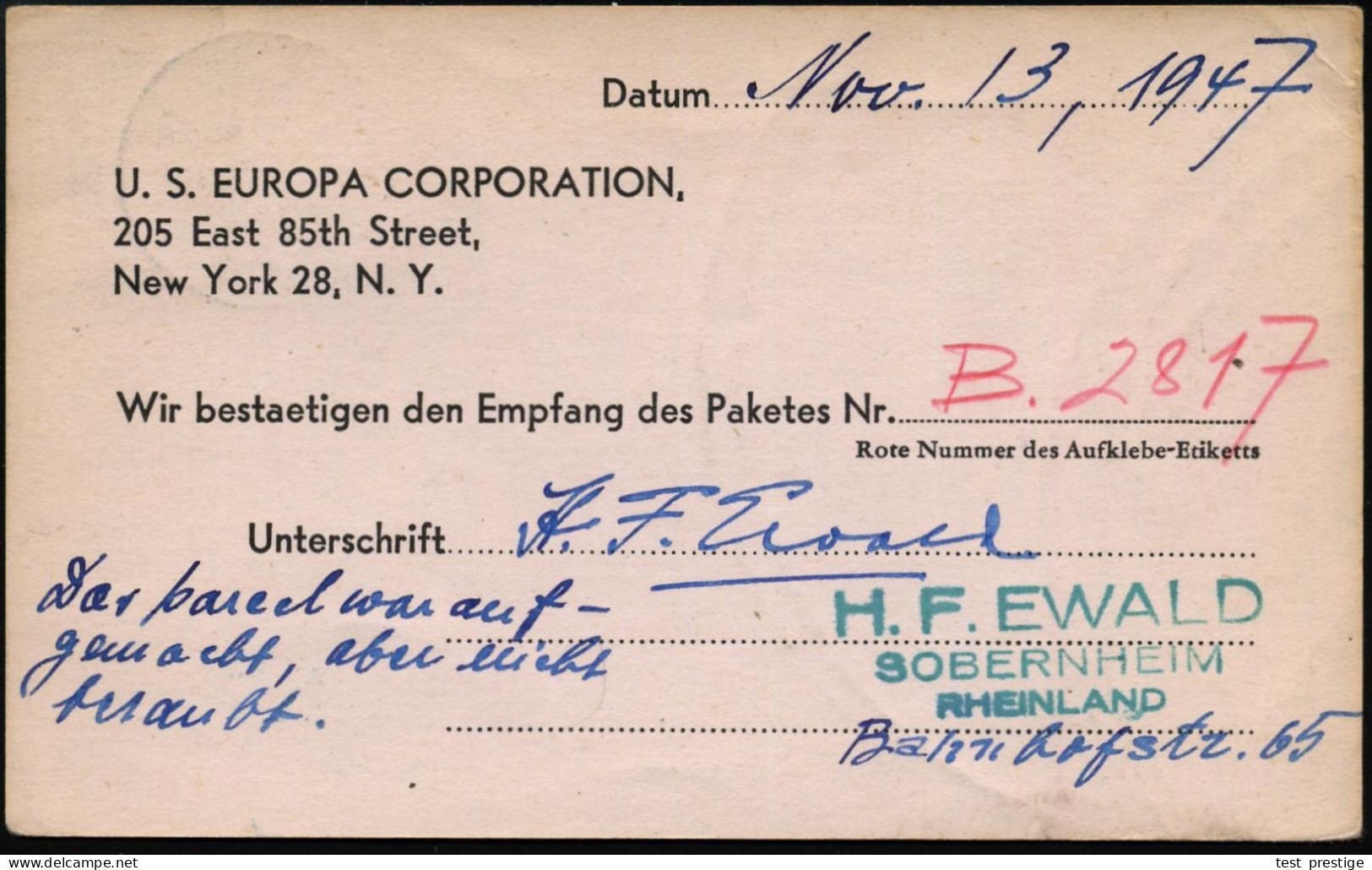 SOBERNHEIM/ B 1947 (13.11.) 2K-Steg Auf Freimarken 10 Pf. U. 20 Pf. Rheinl.-Pfalz, Vordruck-Kt.: U.S. EUROPA CORPORATION - Otros & Sin Clasificación