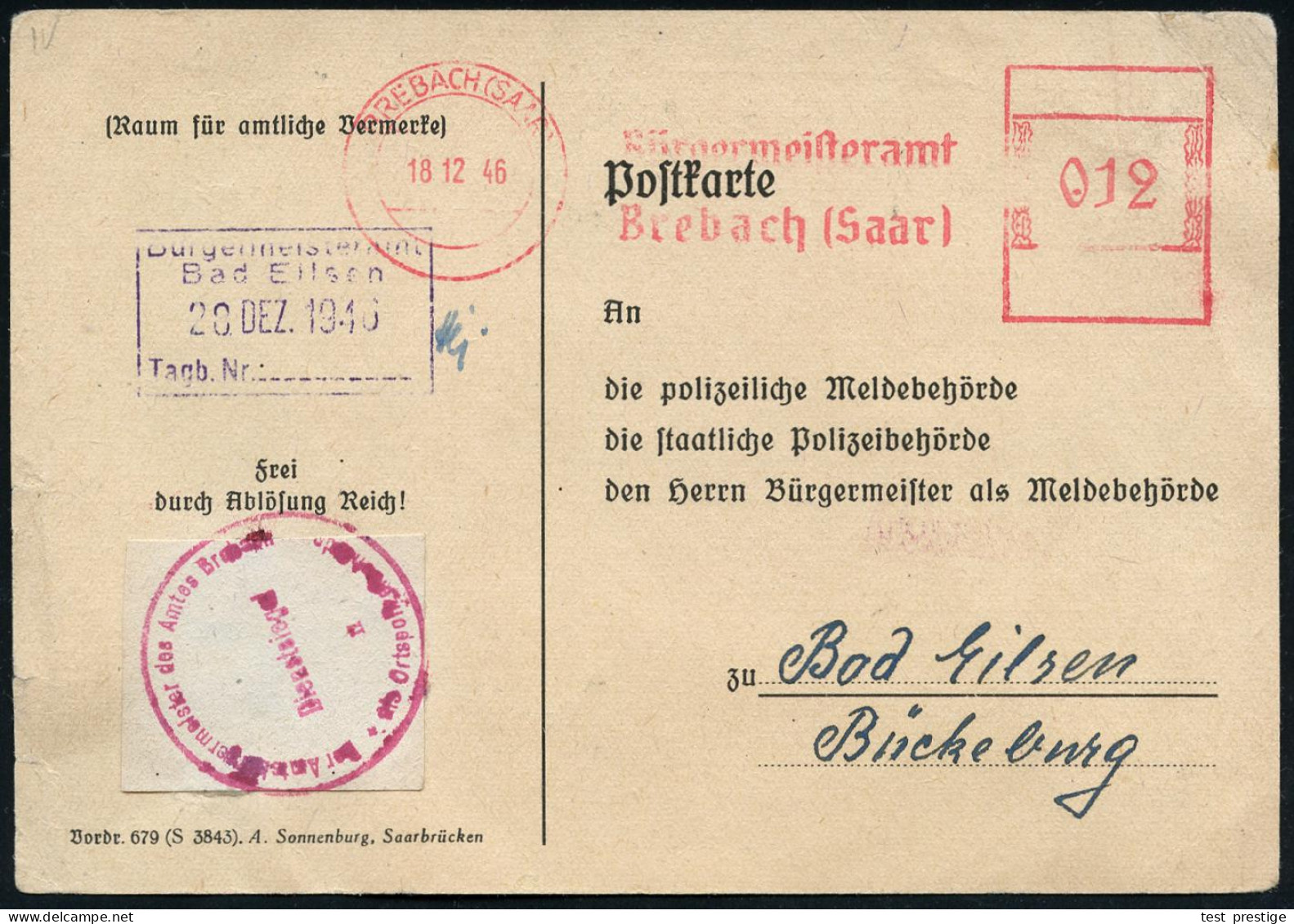 BREBACH (SAAR)/ Bürgermeisteramt.. 1946 (18.12.) Seltener, Aptierter AFS Francotyp "Hakenkreuz" = Entfernt + Inschrift " - Sonstige & Ohne Zuordnung