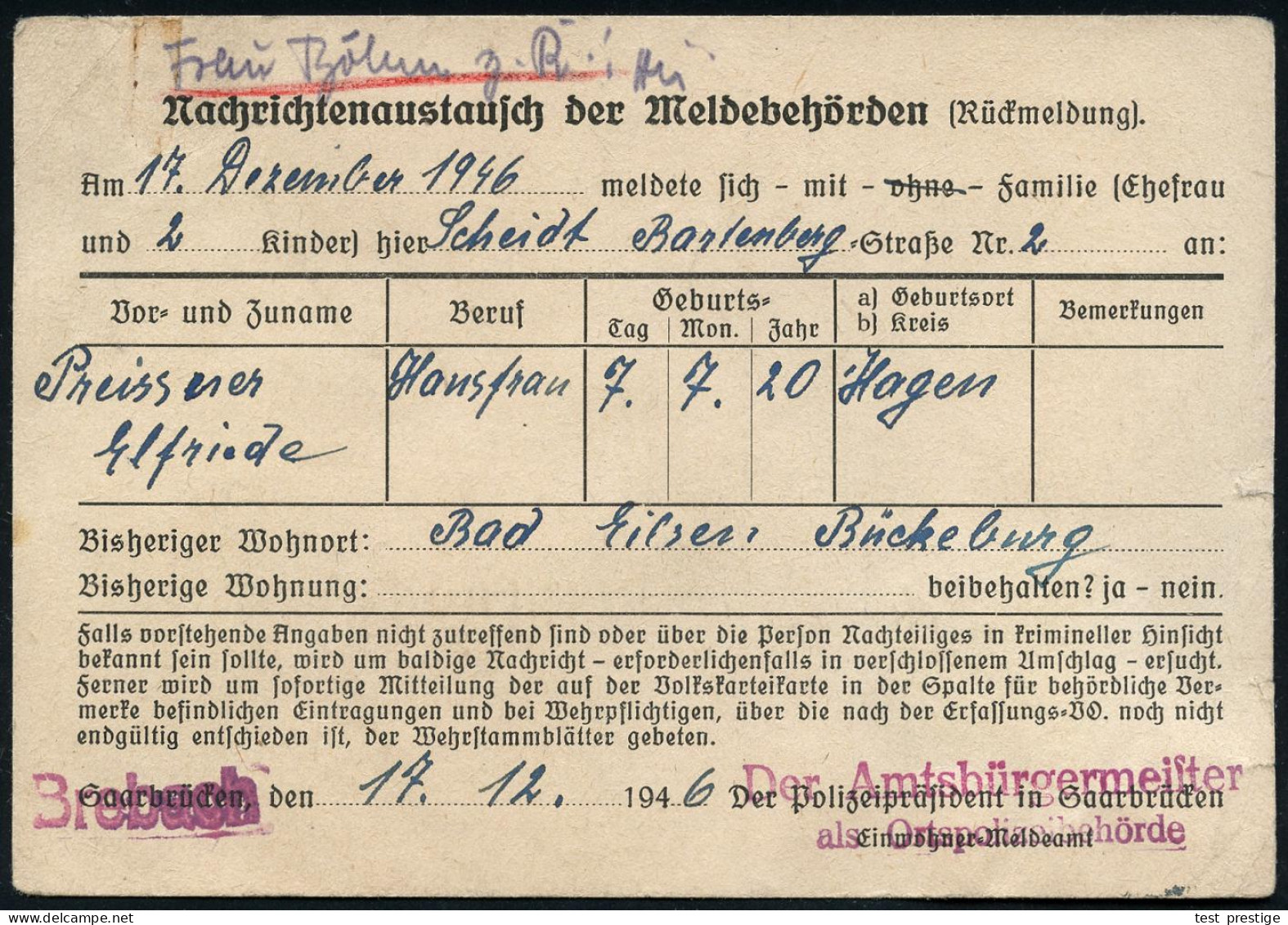 BREBACH (SAAR)/ Bürgermeisteramt.. 1946 (18.12.) Seltener, Aptierter AFS Francotyp "Hakenkreuz" = Entfernt + Inschrift " - Other & Unclassified