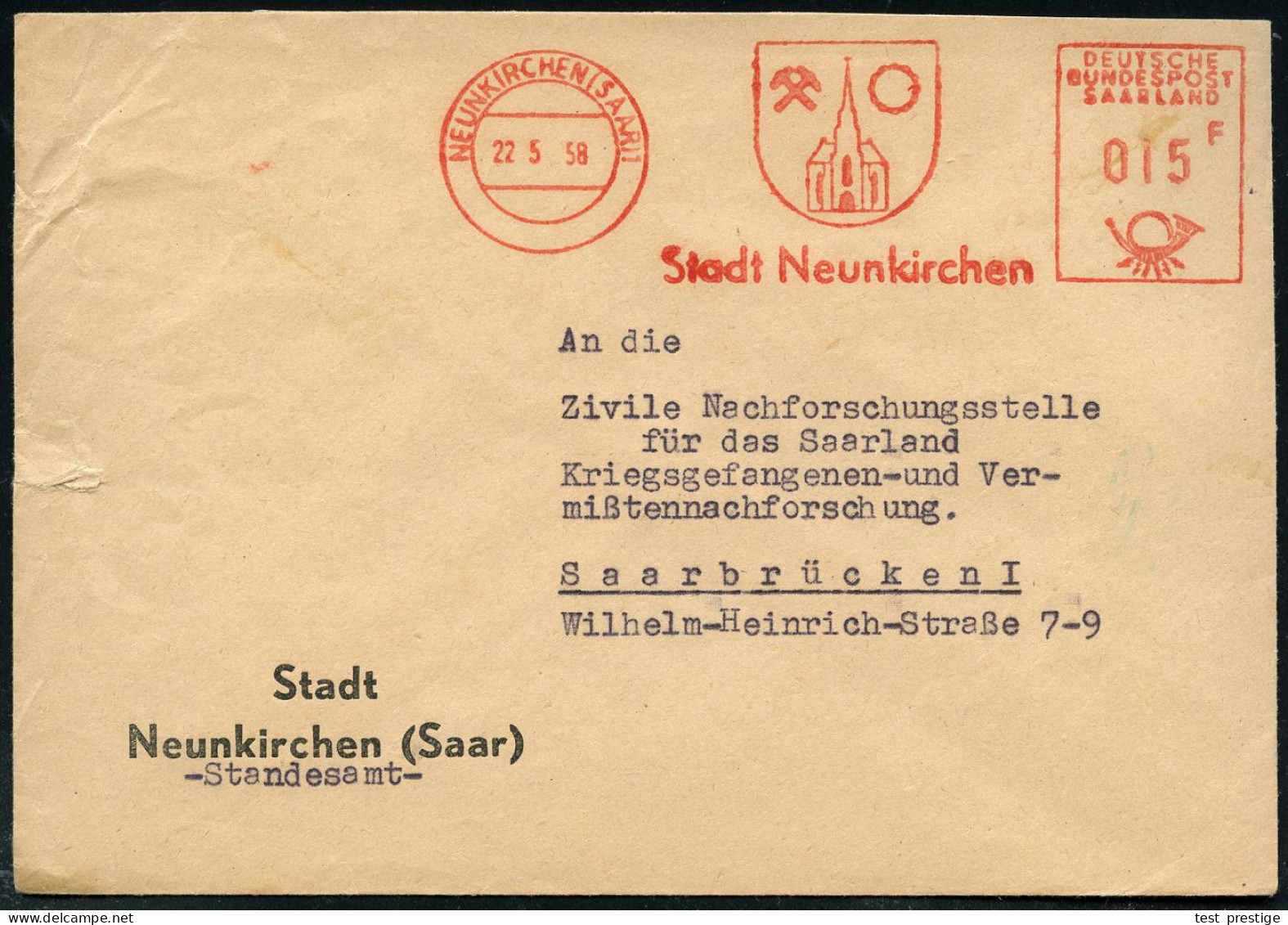 NEUNKIRCHEN (SAAR)/ Stadt Neunkirchen 1958 (22.5.) AFS Francotyp "DEUTSCHE BUNDESPOST SAARLAND" 015 F. (Stadtwappen) Kom - Autres & Non Classés