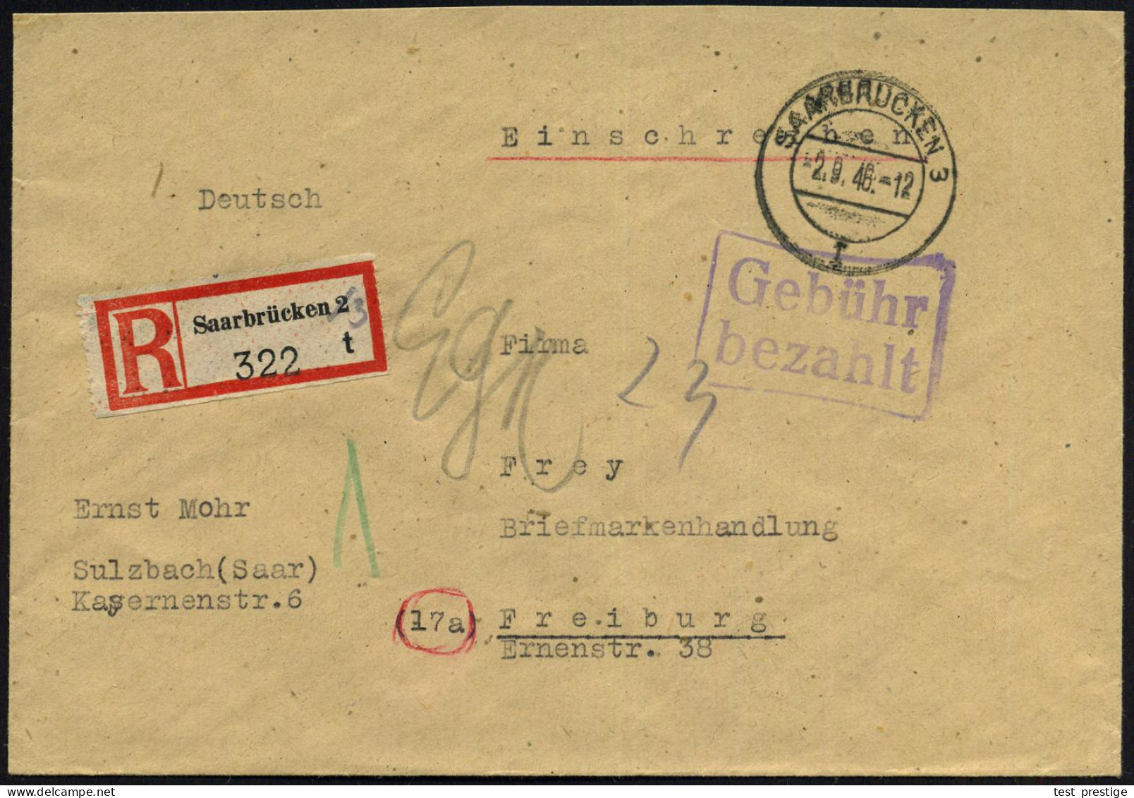 SAARBRÜCKEN 3/ L 1946 (2.9.) 2K-Steg + Gr. Viol. Ra.2: Gebühr/bezahlt + Provis. RZ: Saarbrücken 2/t, Hs. Auf "3" Geänder - Autres & Non Classés