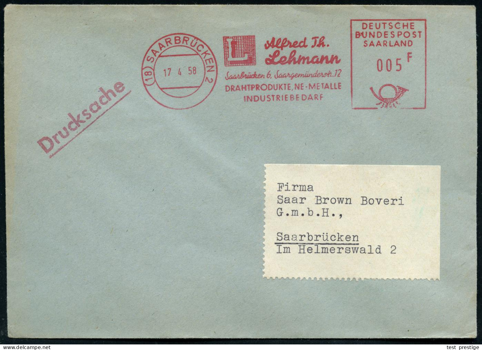 (18) SAARBRÜCKEN 2/ Alfred Th./ Lehmann/ ..DRAHTPRODUKTE,NE-METALLE.. 1958 (17.4.) AFS Postalia "DEUTSCHE BUNDESPOST SAA - Sonstige & Ohne Zuordnung