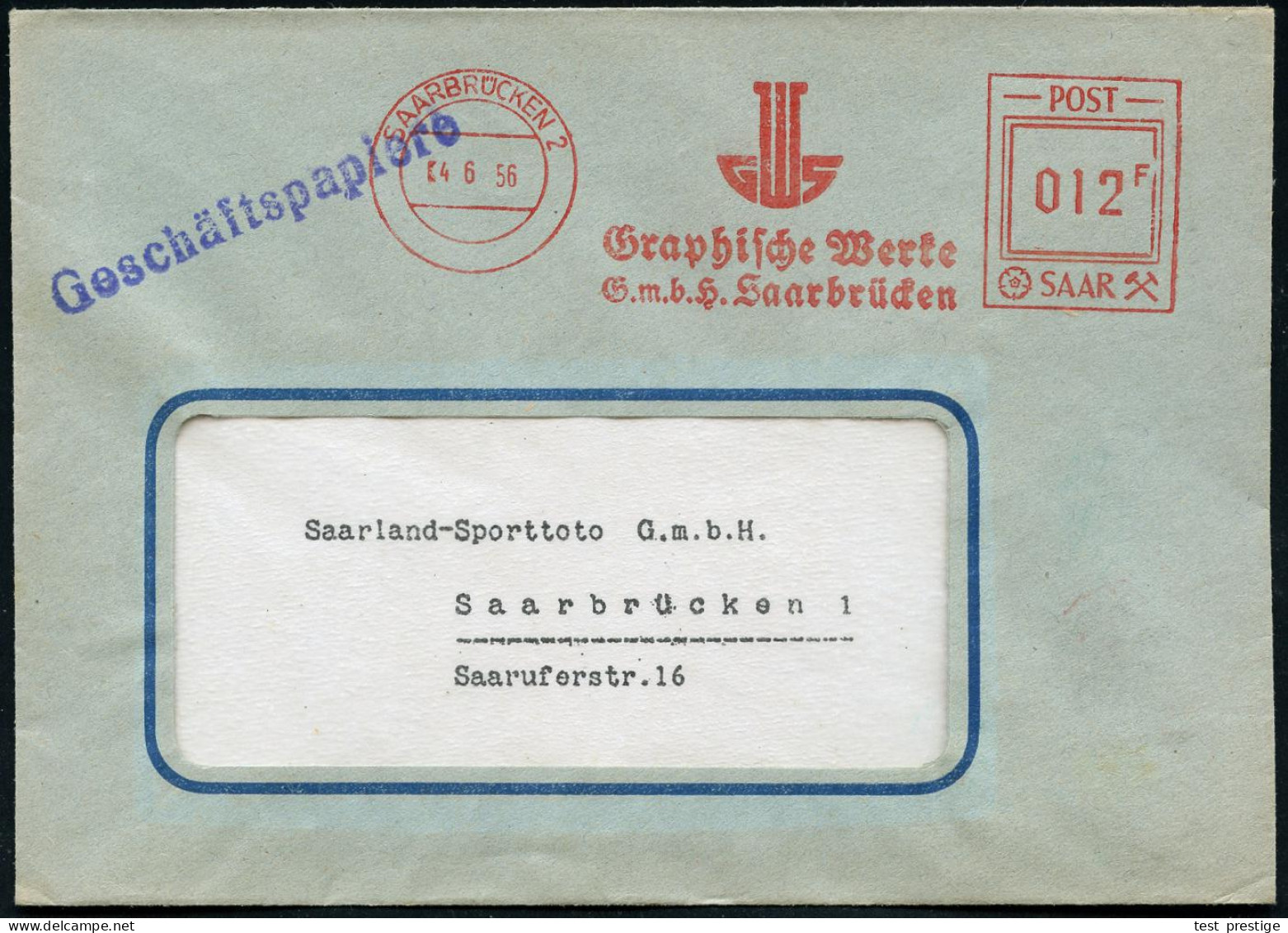 SAARBRÜCKEN 2/ GWS/ Graphische Werke/ GmbH.. 1956 (4.6.) AFS Francotyp "POST SAAR" 012 F. (Monogr.-Logo Als Drucktampon) - Autres & Non Classés