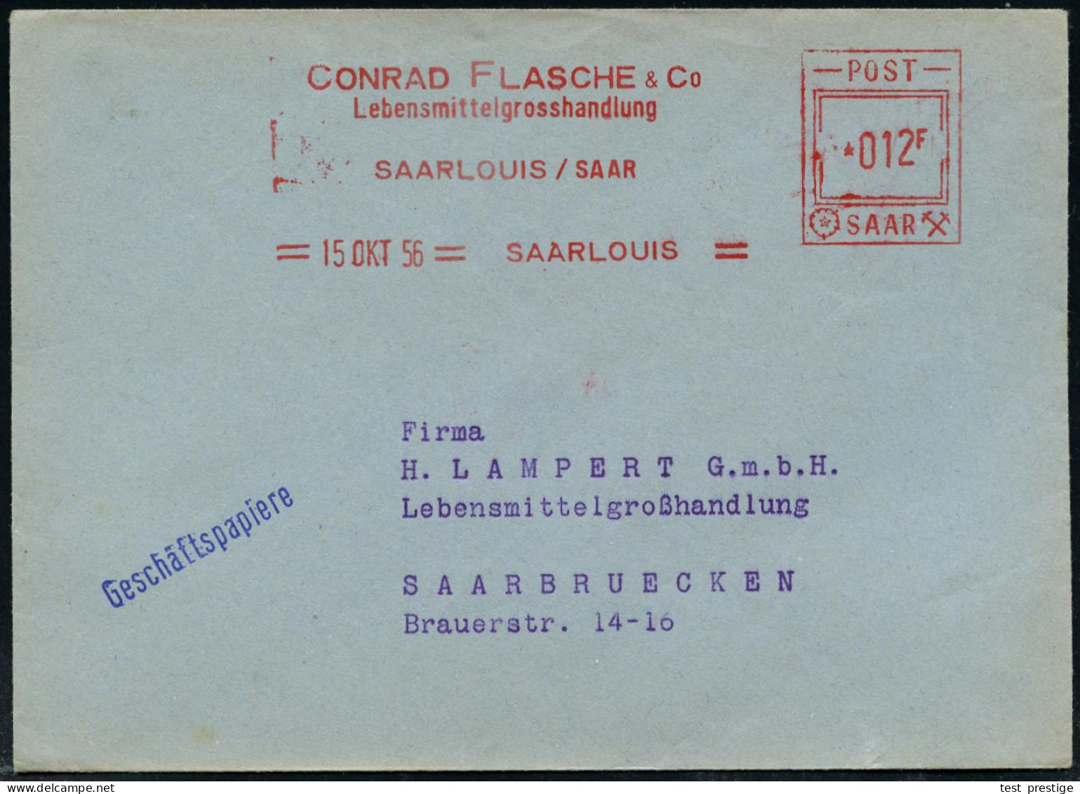 SAARLOUIS/ CONRAD FLASCHE & Co./ Lebensmittelgrosshandlung.. 1956 (15.10.) AFS Satas "POST SAAR" *012 F. Auf Orts-Bf. (S - Autres & Non Classés