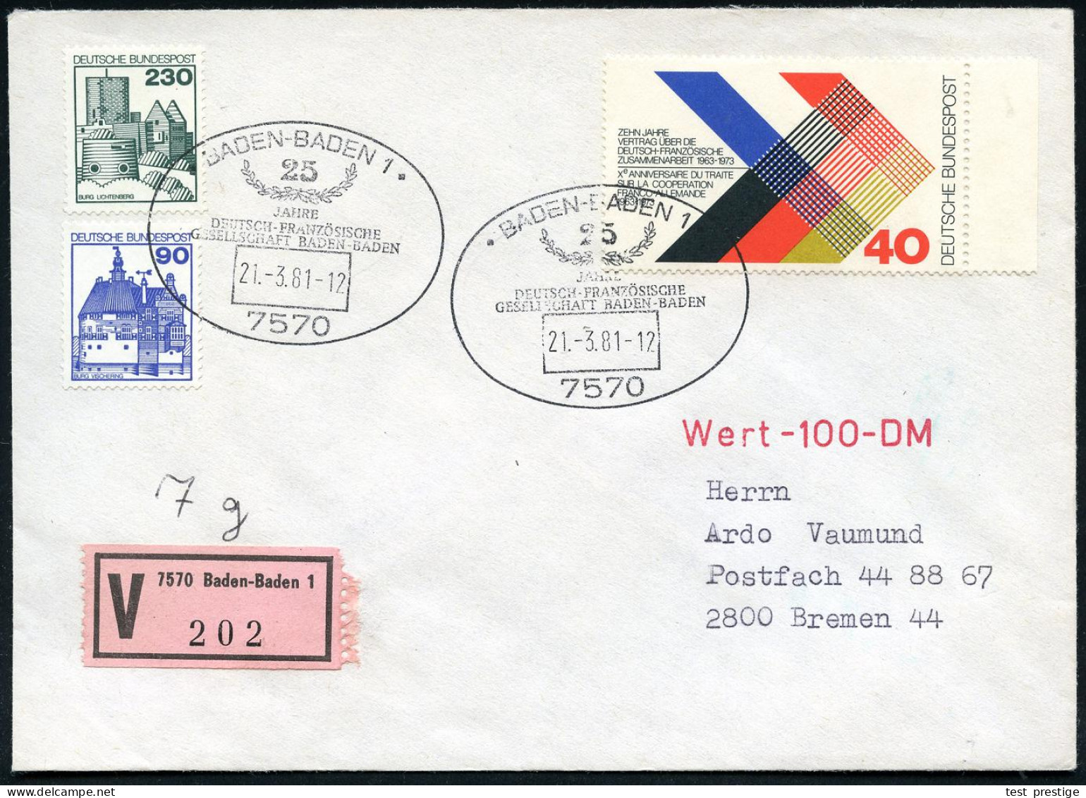 7570 BADEN-BADEN 1/ 25 JAHRE/ DEUTSCH-FRANZÖSISCHE/ GESELLSCHAFT.. 1981 (21.3.) SSt Auf 40 Pf. "20 Jahre Deutsch-Französ - Other & Unclassified