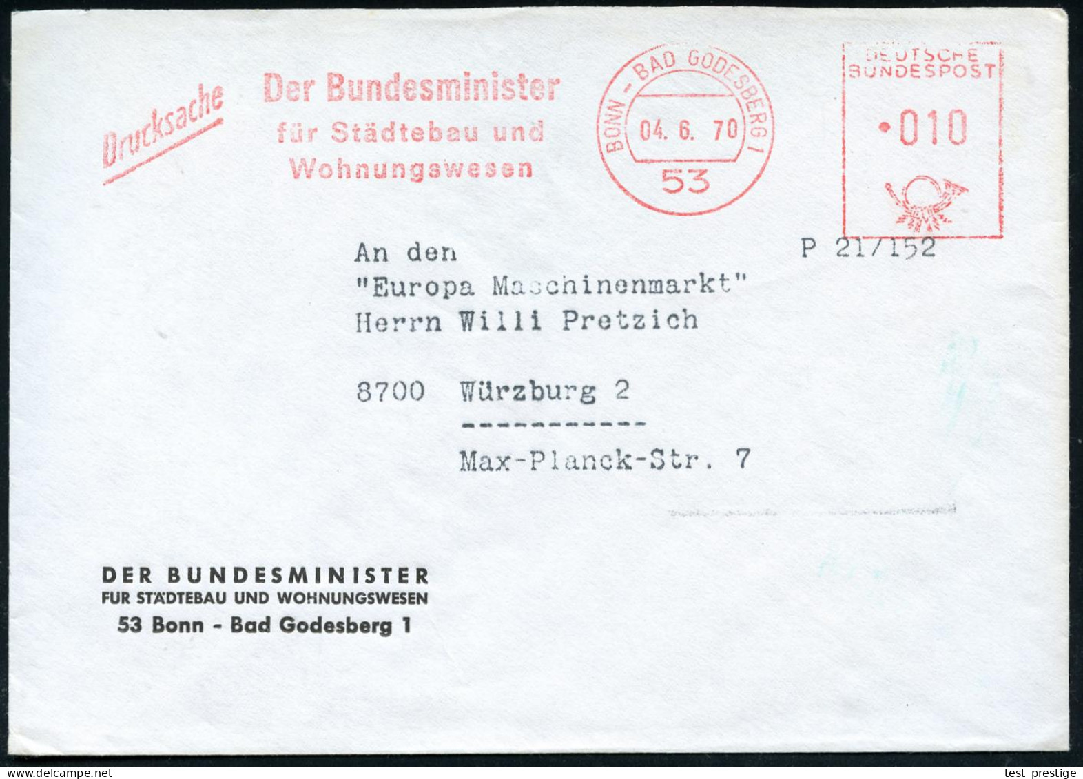53 BONN-BAD GODESBERG 1/ Der Bundesminister/ F.Städtebau U./ Wohnungswesen 1970 (9.4.) AFS Francotyp (rs. Klappe Fehlt)  - Other & Unclassified