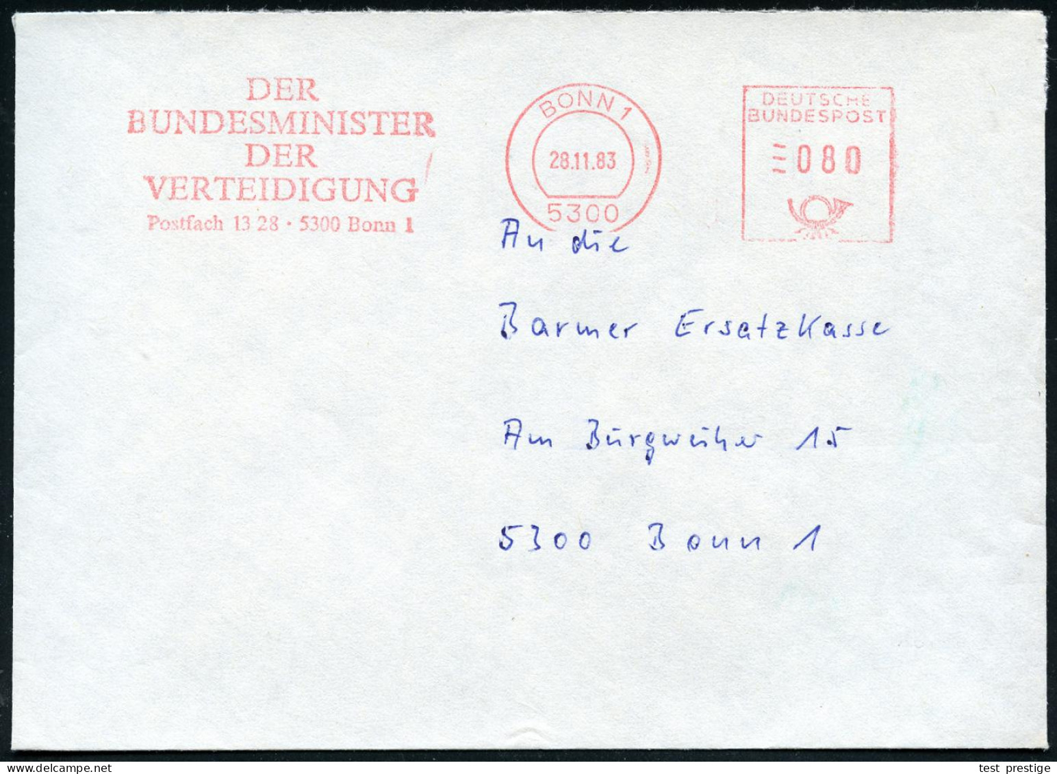 5300 BONN 1/ DER/ BUNDESMINISTER/ DER/ VERTEIDIGUNG 1983 (28.11.) AFS Pitney-Bowes Ohne Kennung ,rs. Abs.Vordruck., Orts - Otros & Sin Clasificación