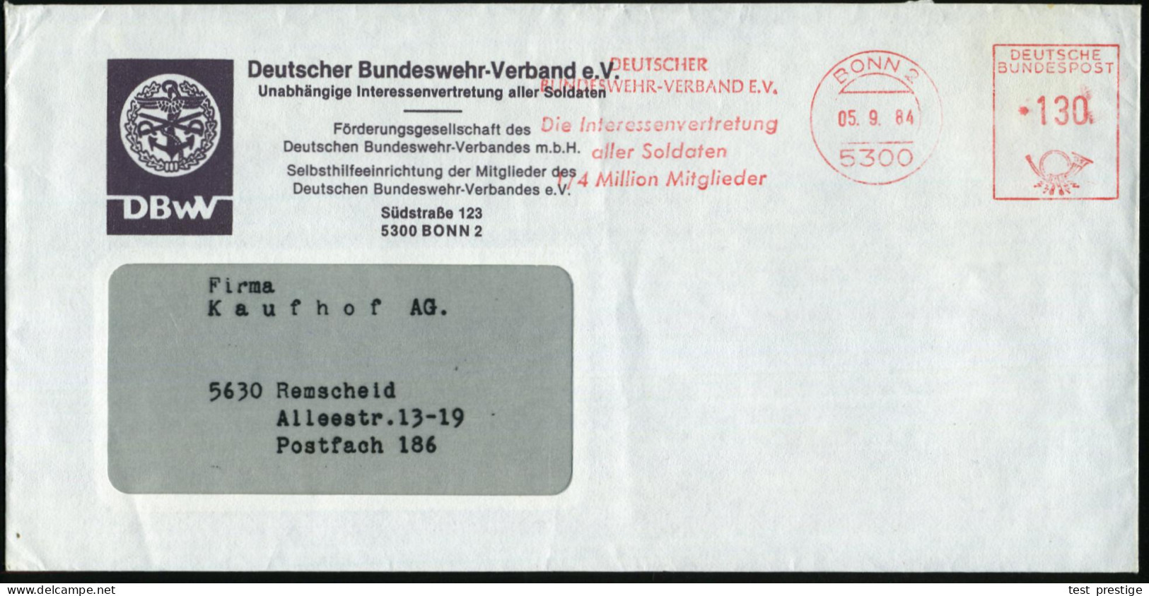 5300 BONN 2/ DEUTSCHER/ BUNDESWEHR-VERBAND EV./ Die Interessenvertretung/ Aller Soldaten/ 4 Millionen Mitglieder 1984 (5 - Autres & Non Classés