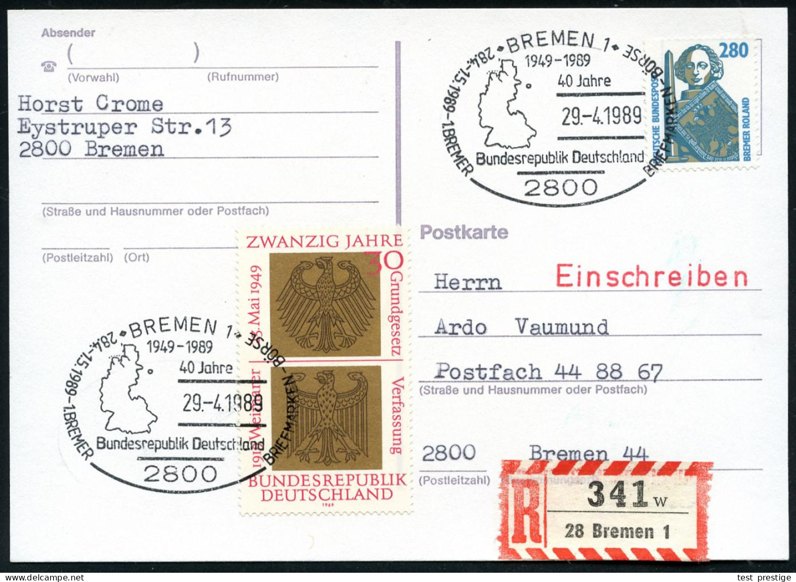 2800 BREMEN 1/ 1949-1989/ 40 Jahre/ BRD.. 1989 (29.4.) SSt 2x Auf 30 Pf. "20 Jahre BRD". + 280 Pf. Roland + RZ: 28 Breme - Other & Unclassified