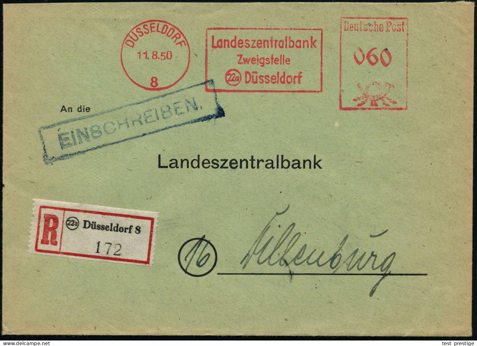 DÜSSELDORF/ 8/ Landeszentralbank/ Zweigstelle/ (22a) Düsseldorf 1950 (11.8.) AFS Francotyp 060 Pf. + RZ: (22 A) Düsseldo - Other & Unclassified