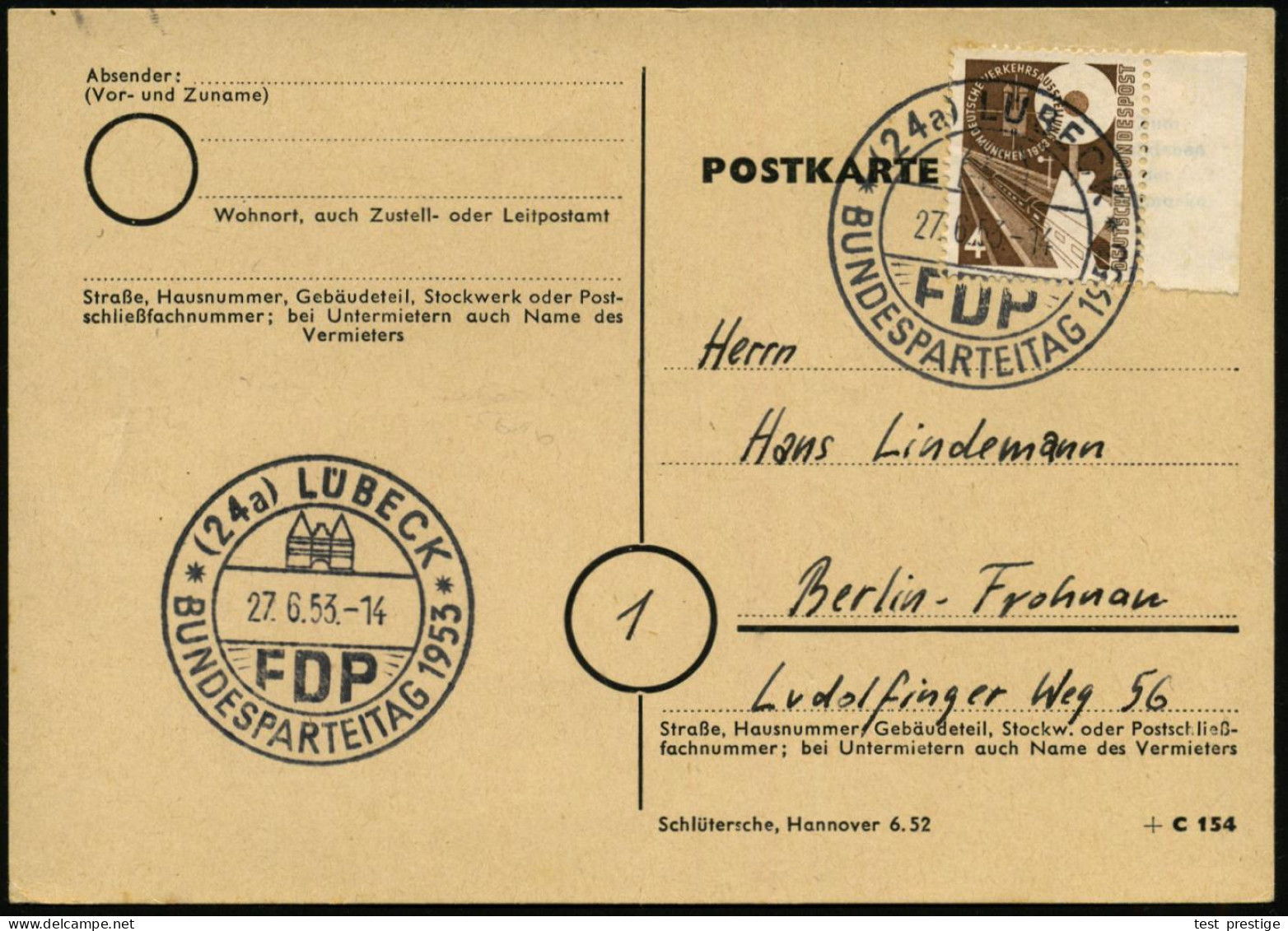 (24a) LÜBECK/ FDP/ BUNDESPARTEITAG 1953 (27.6.) SSt (Holstentor) Auf IVA 4 Pf. (Mi.167 EF, + 20.-EUR) Inl.-Karte (Bo.23) - Sonstige & Ohne Zuordnung