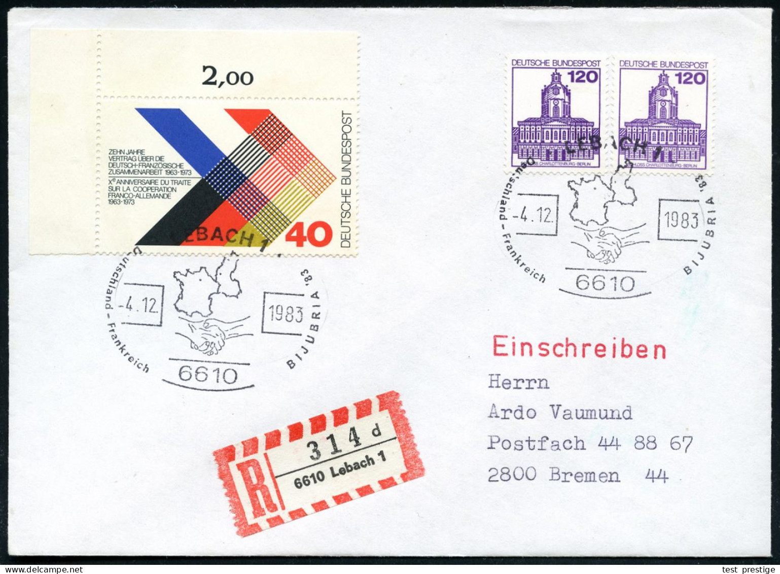 6610 LEBACH 1/ Deutschland-Frankreich/ BIJUBRIA 1983 (4.12.) SSt (2 Hände, 2 Landkarten) 2x Auf 40 Pf. "Deutsch-Französ. - Autres & Non Classés