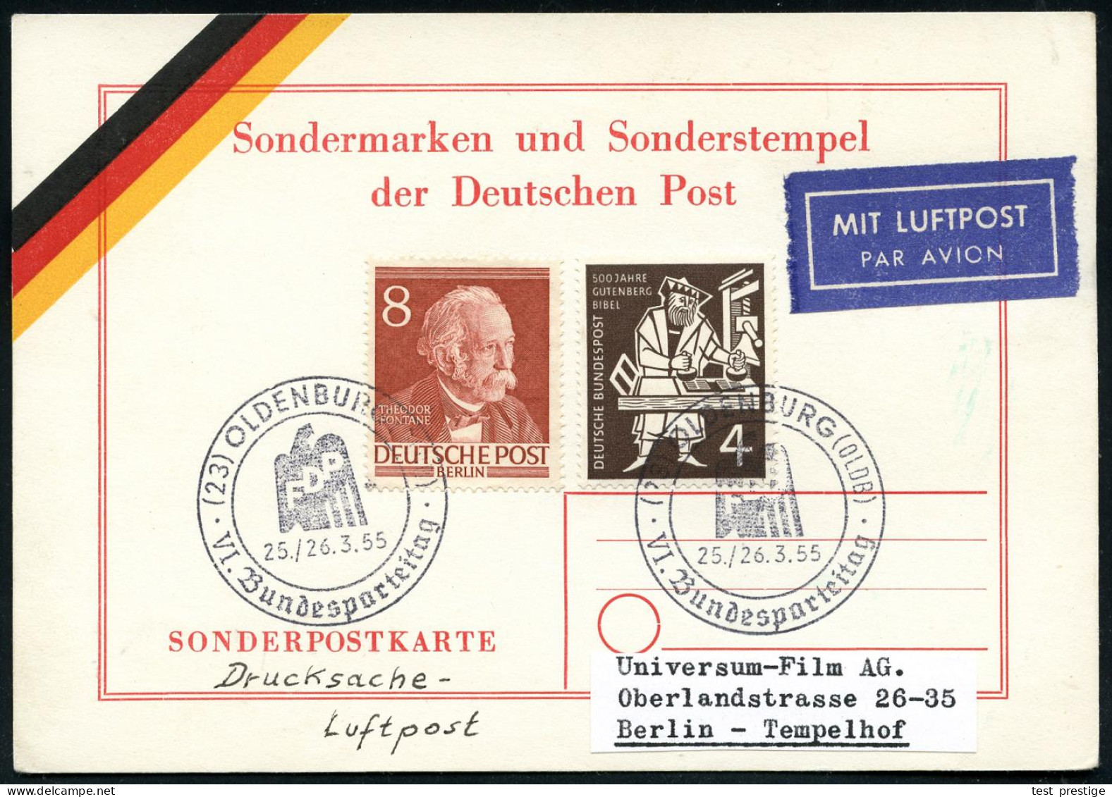 (23) OLDENBURG (OLDB)/ FDP/ VI.Bundesparteitag 1955 (März) SSt (FDP-Adler) Klar Auf Portorichtiger Inl.-Flp.-Drs.-Karte  - Sonstige & Ohne Zuordnung