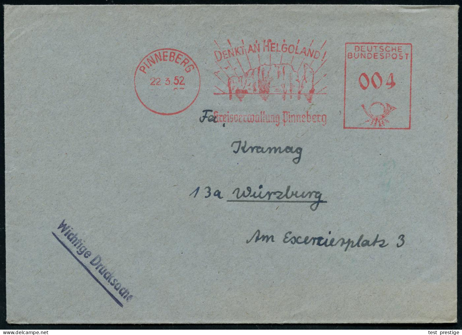 PINNEBERG/ DENKT AN HELGOLAND!/ Kreisverwaltung Pinneberg 1952 (22.3.) AFS = Insel Helgoland (mit Strahlen) Rückgabe Dur - Autres & Non Classés