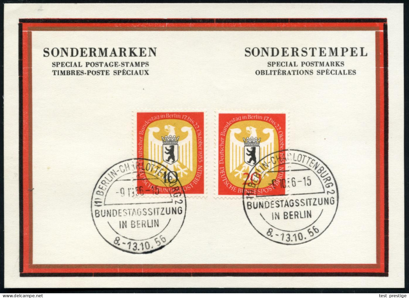 (1) BERLIN-CHARLOTTENBG.2/ D/ BUNDESTAGSSITZUNG.. 1956 (9.10.) SSt 2x Auf Kompl. Satz "Bundestagssitzung Berlin" (Mi.129 - Autres & Non Classés