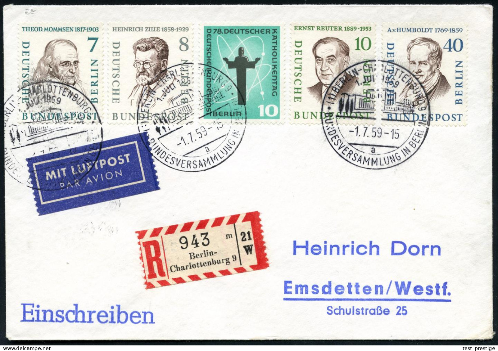 (1) BERLIN-CHARLOTTENBG.9/ A/ BUNDESVERSAMMLUNG IN BERLIN 1959 (1.7.) SSt (Messegelände) 3x Auf 10 Pf. Reuter, 40 Pf. Hu - Andere & Zonder Classificatie