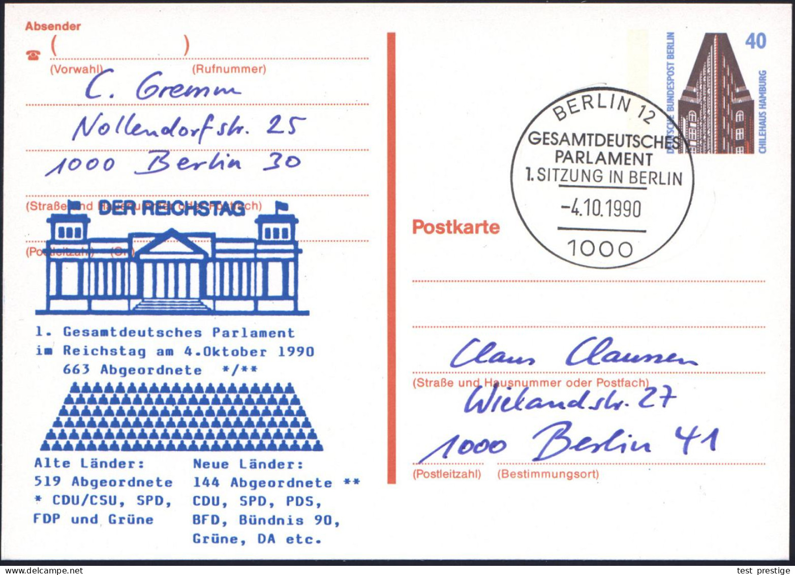 1000 BERLIN 12/ GESAMTDEUTSCHES/ PARLAMENT/ 1.SITZUNG.. 1990 (4.10.) SSt Auf Amtl. Orts-P 40 Pf. Chilehaus + Zudruck: 1. - Andere & Zonder Classificatie