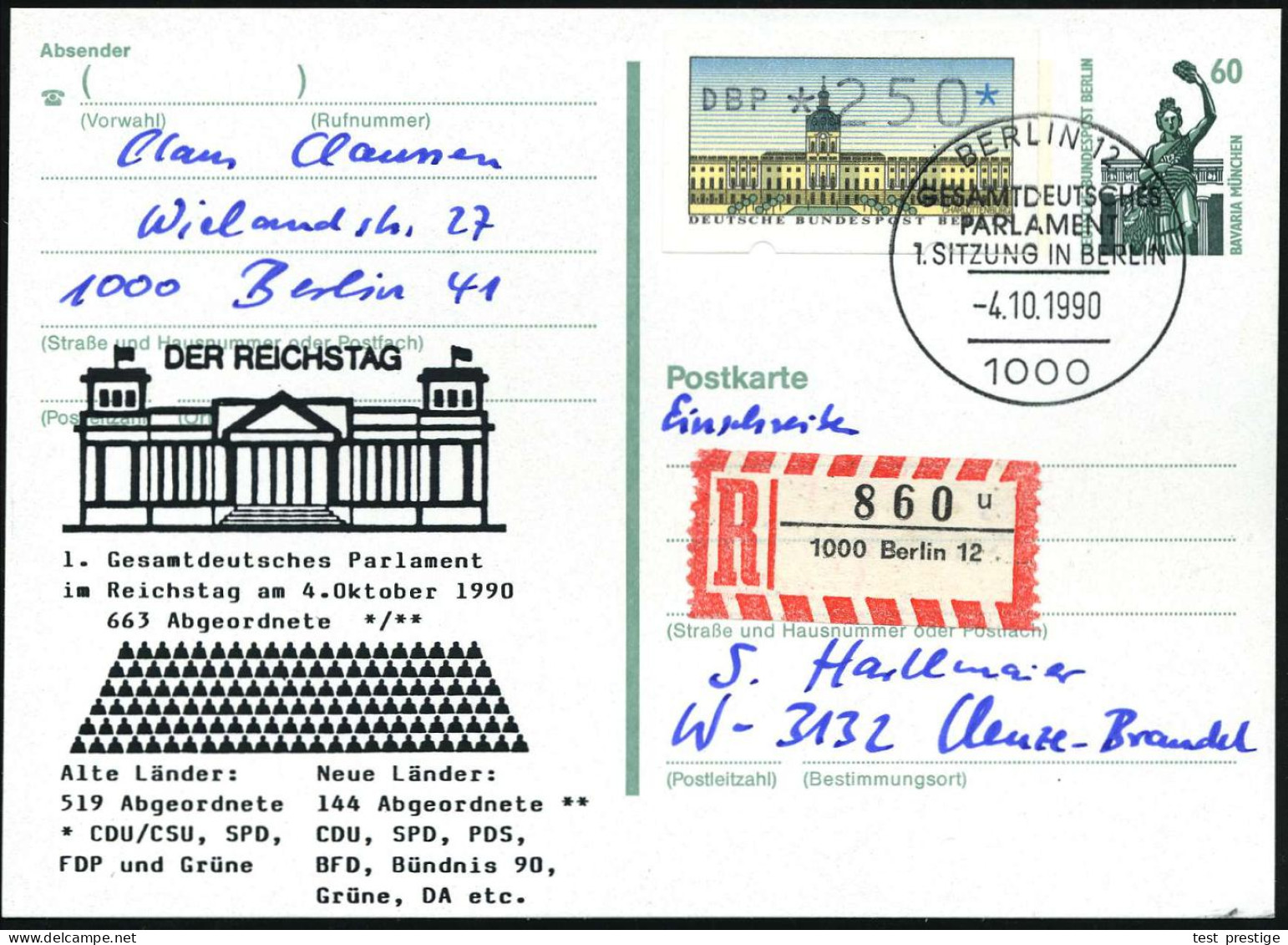1 BERLIN 12/ GESAMTDEUTSCHES/ PARLAMENT/ 1.SITZUNG BERLIN 1990 (4.10.) SSt Amtl. P 60 Pf. Bavaria, Grün + Zudruck: 1. Ge - Autres & Non Classés