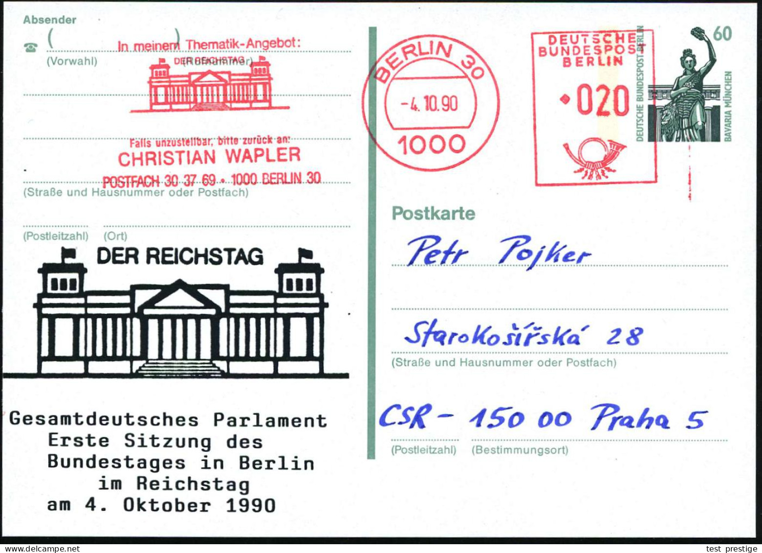 1000 BERLIN 30/ DER REICHSTAG.. 1990 (4.10.) AFS 020 Pf. VE Auf Amtl. P 60 Pf. Bavaria + Zudruck: DER REICHS-TAG /..Erst - Andere & Zonder Classificatie